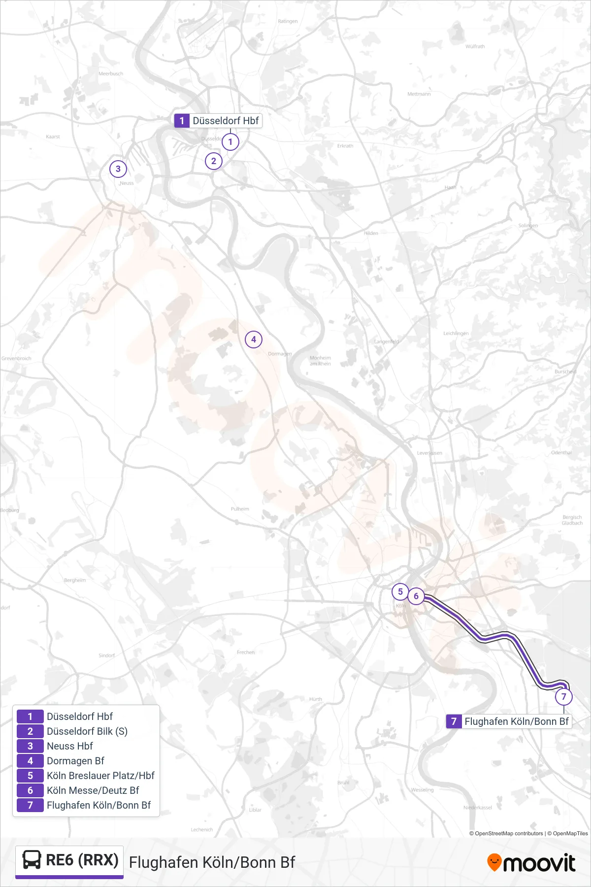 RE6 (RRX) bus Line (Flughafen Köln/Bonn Bf) route and stops on a map