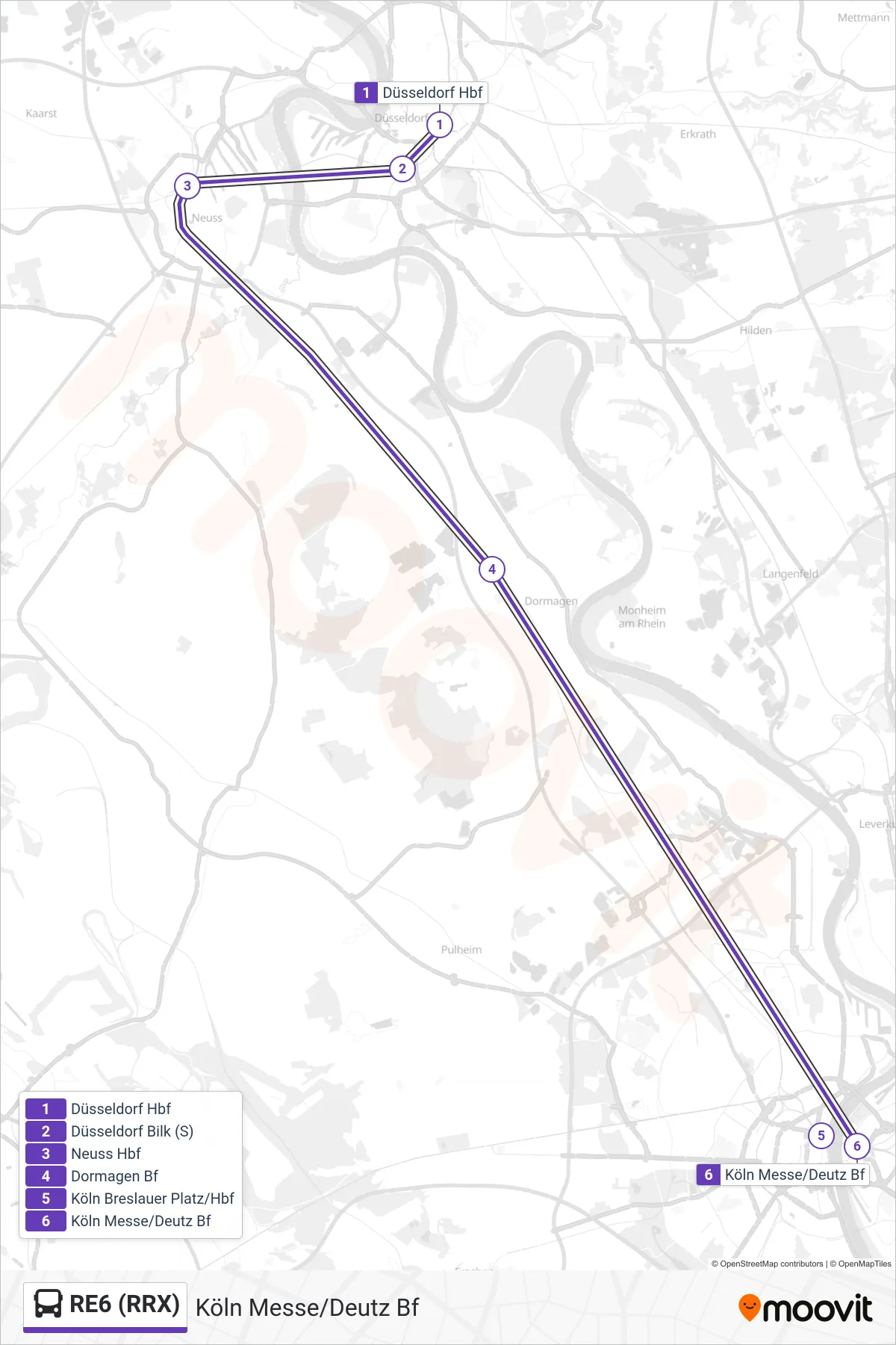 RE6 (RRX) bus Line (Köln Messe/Deutz Bf) route and stops on a map