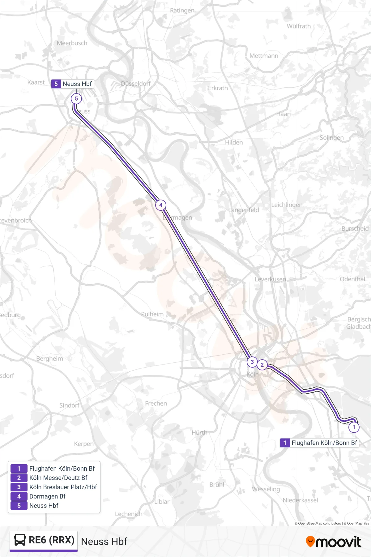 RE6 (RRX) bus Line (Neuss Hbf) route and stops on a map