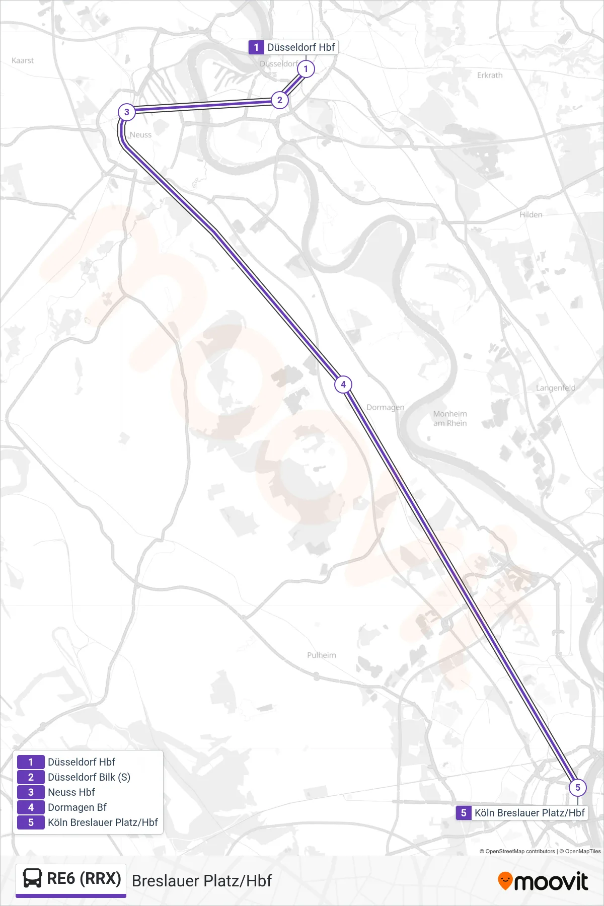 RE6 (RRX) bus Line (Breslauer Platz/Hbf) route and stops on a map