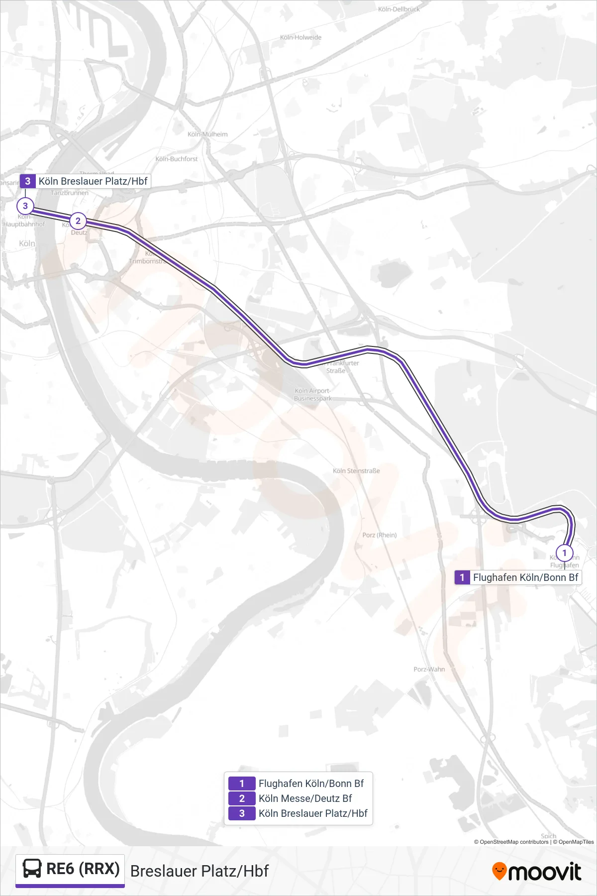 RE6 (RRX) bus Line (Breslauer Platz/Hbf) route and stops on a map