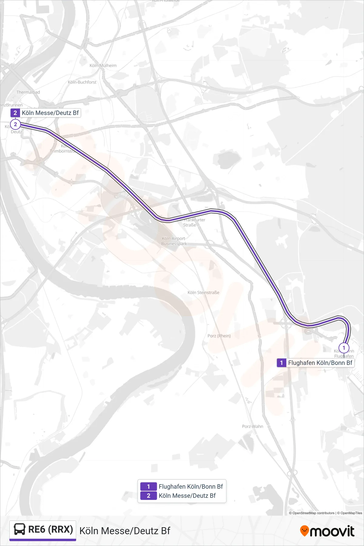 RE6 (RRX) bus Line (Köln Messe/Deutz Bf) route and stops on a map