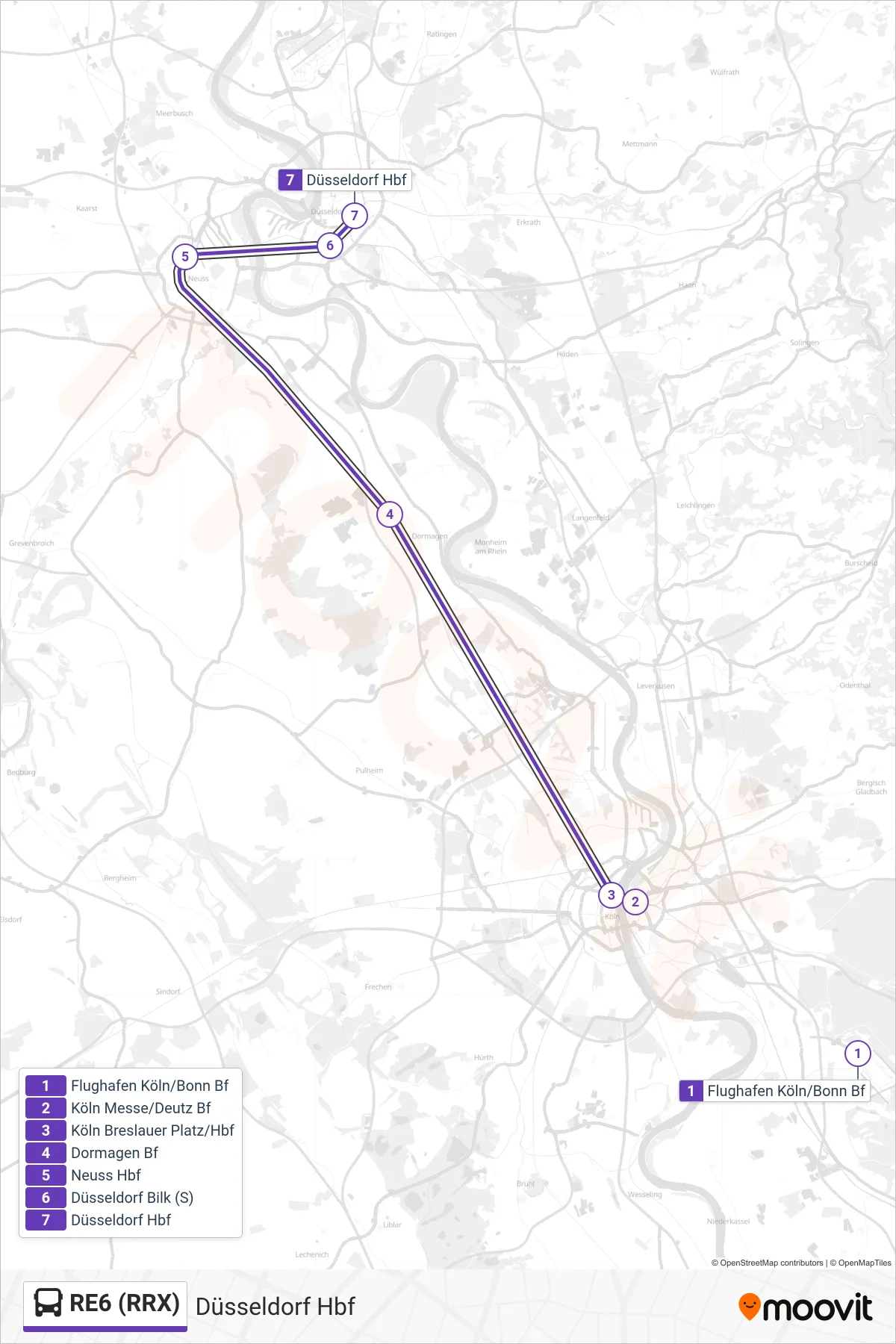 Linie RE6 (RRX) (Bus) Richtung Düsseldorf Hbf: Route und Haltestellen auf der Karte