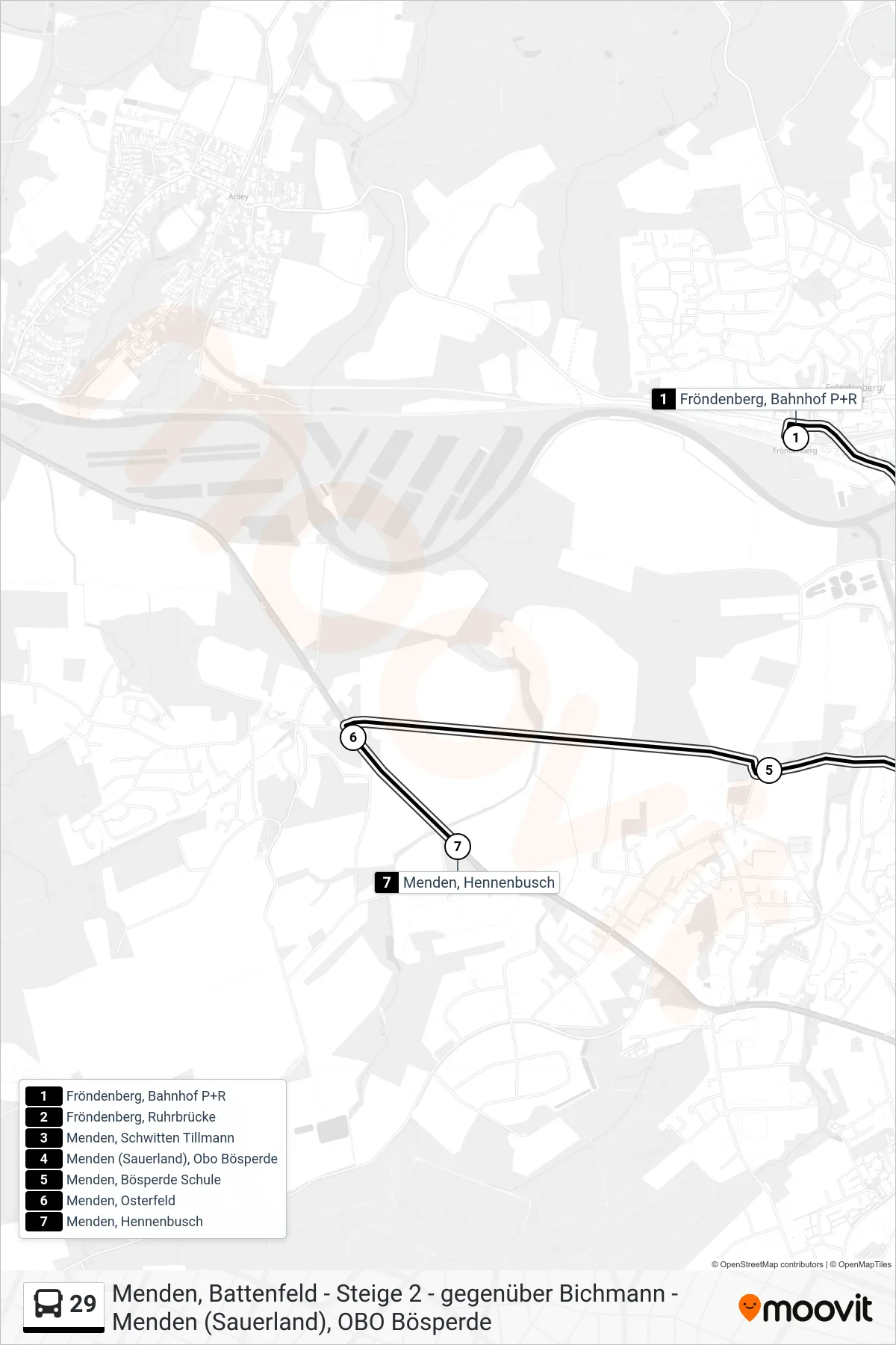 29 bus Line (Menden, Hennenbusch) route and stops on a map