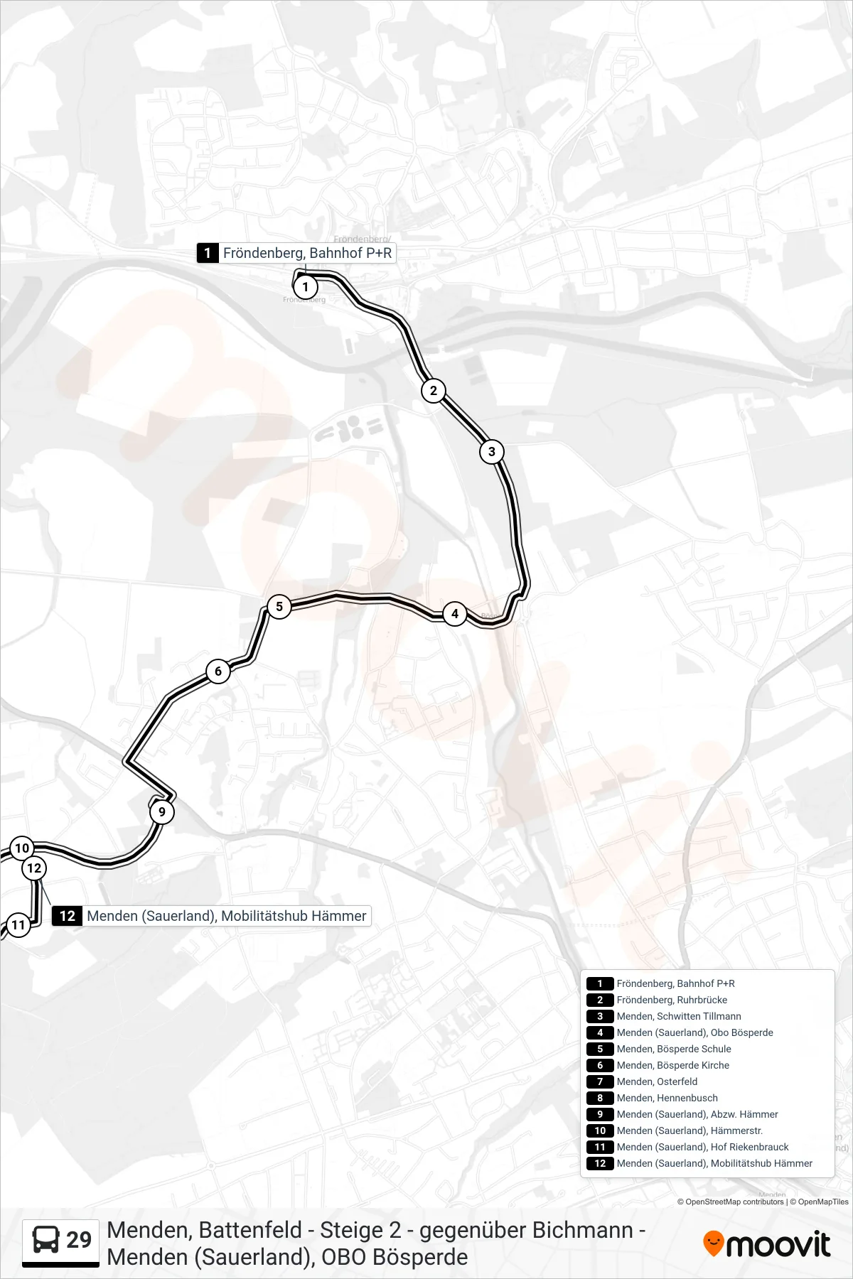 29 bus Line (Menden (Sauerland), Mobilitätshub Hämmer) route and stops on a map
