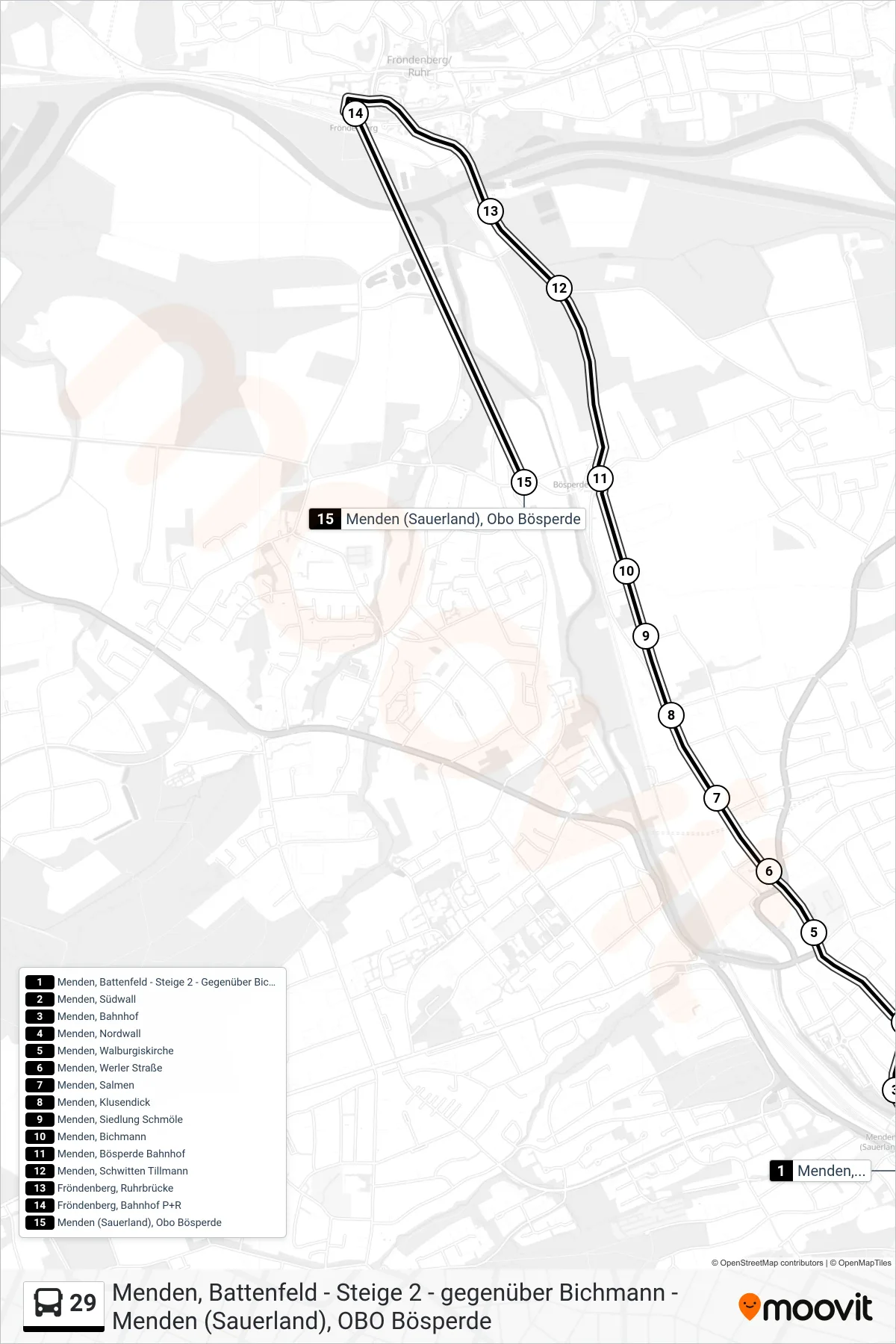 29 bus Line (Menden (Sauerland), Obo Bösperde) route and stops on a map