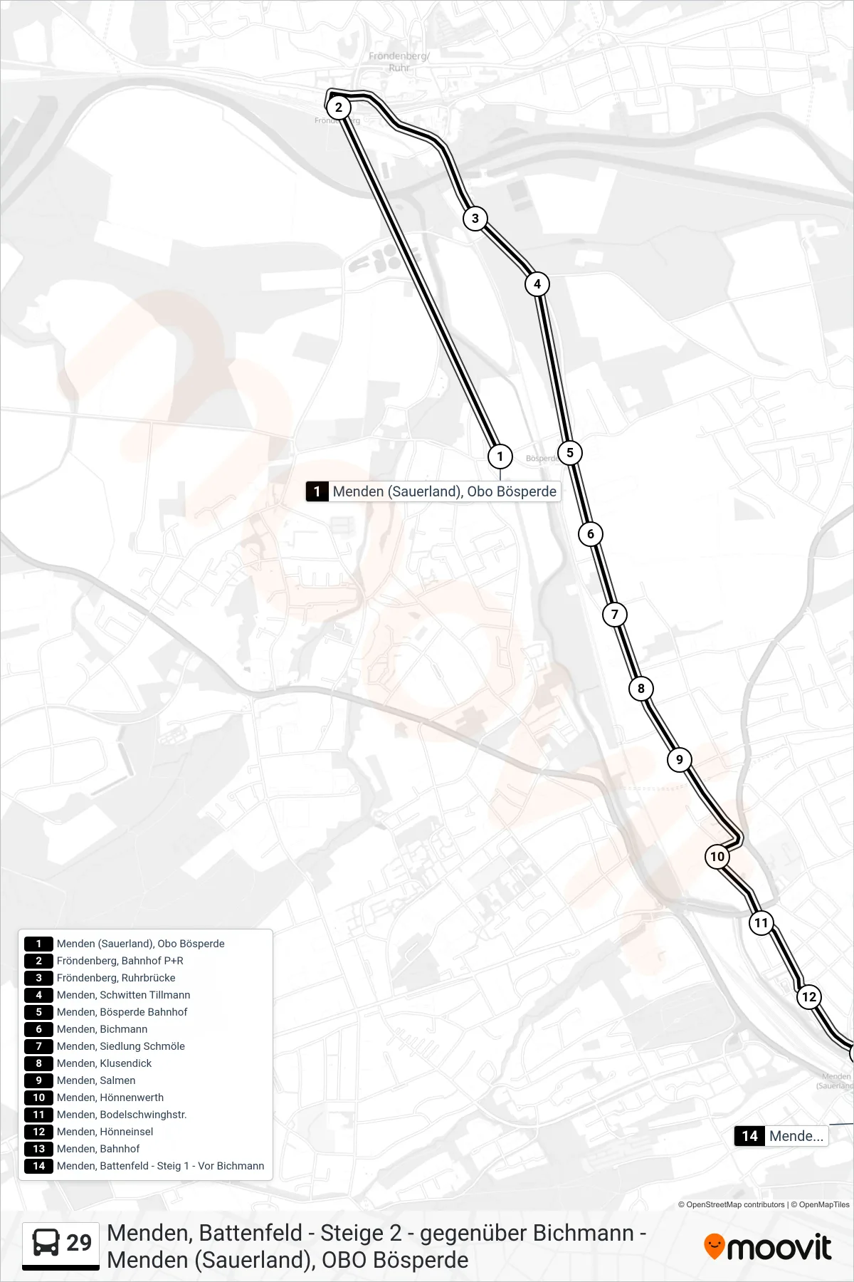 29 bus Line (Menden, Battenfeld - Steig 1 - Vor Bichmann) route and stops on a map