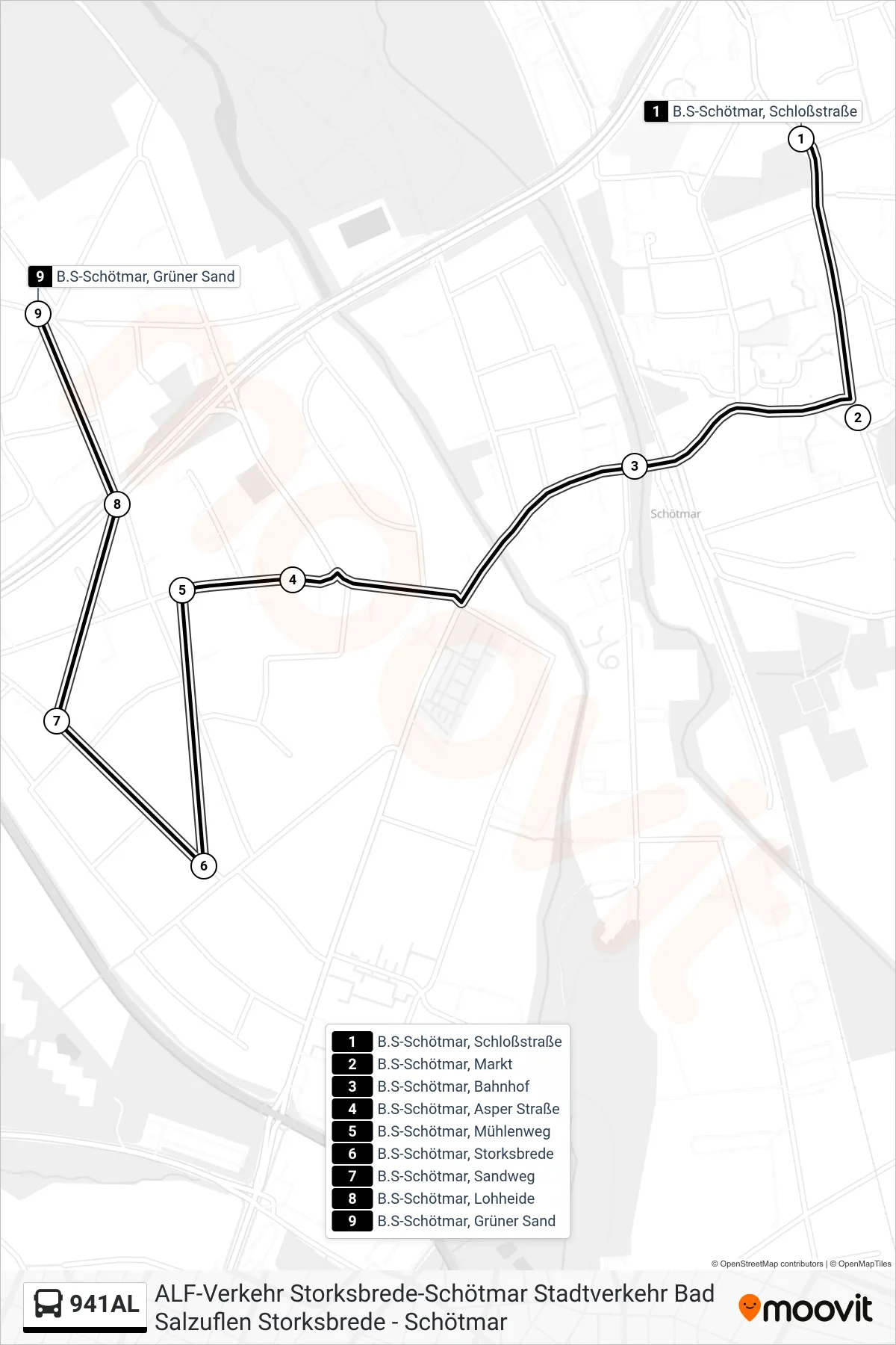 Linie 941AL (Bus) Richtung B.S-Schötmar, Grüner Sand: Route und Haltestellen auf der Karte