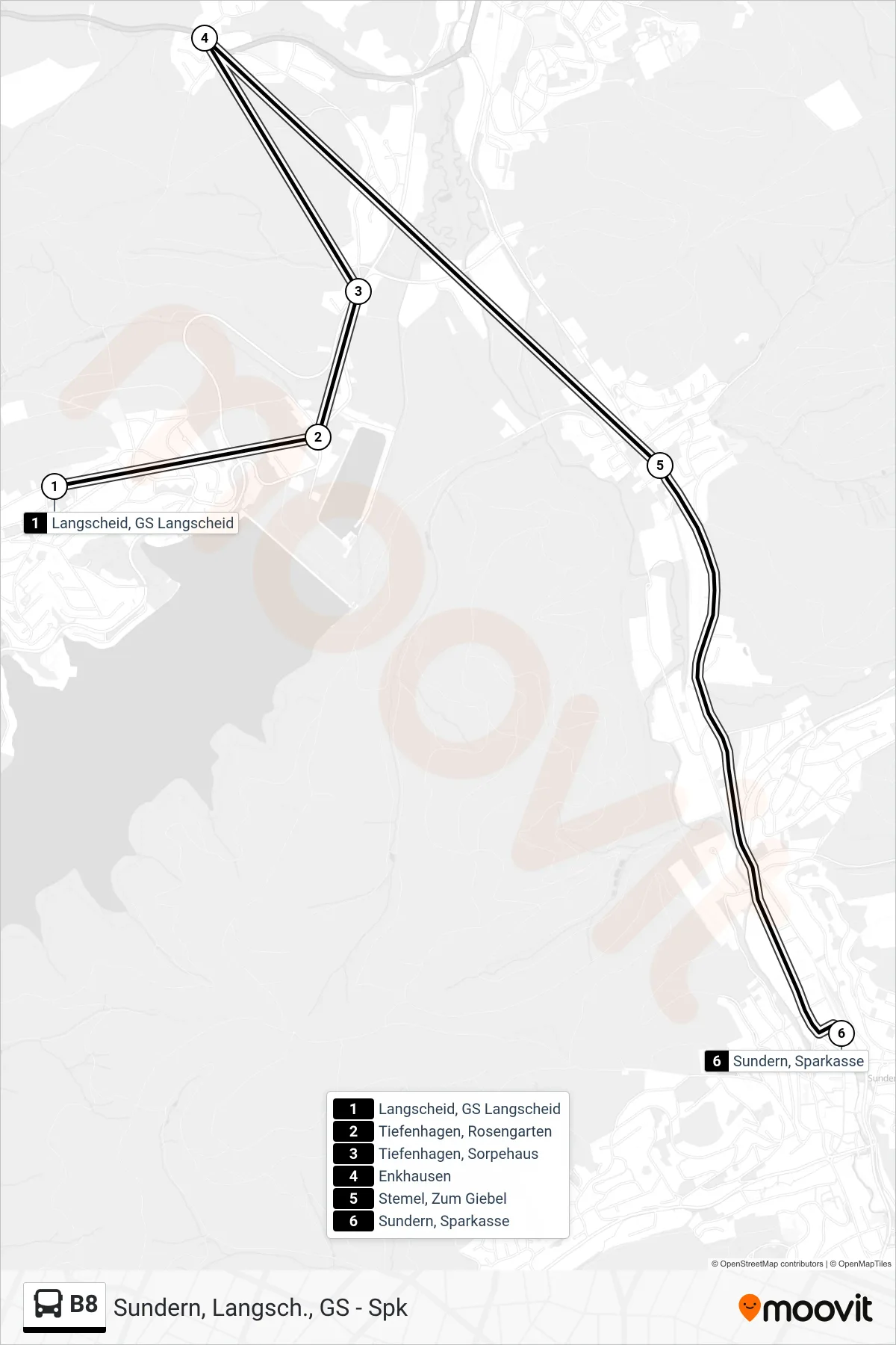 B8 bus Line (Sundern, Sparkasse) route and stops on a map