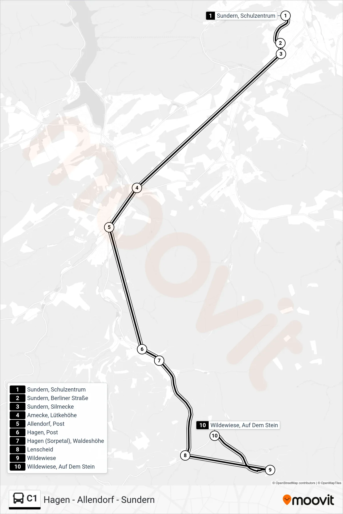 Linie C1 (Bus) Richtung Wildewiese, Auf Dem Stein: Route und Haltestellen auf der Karte