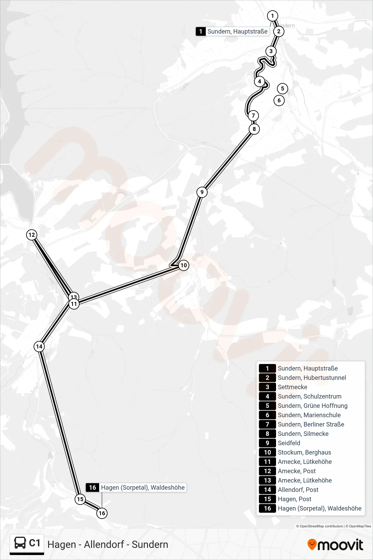 C1 bus Line (Hagen (Sorpetal), Waldeshöhe) route and stops on a map