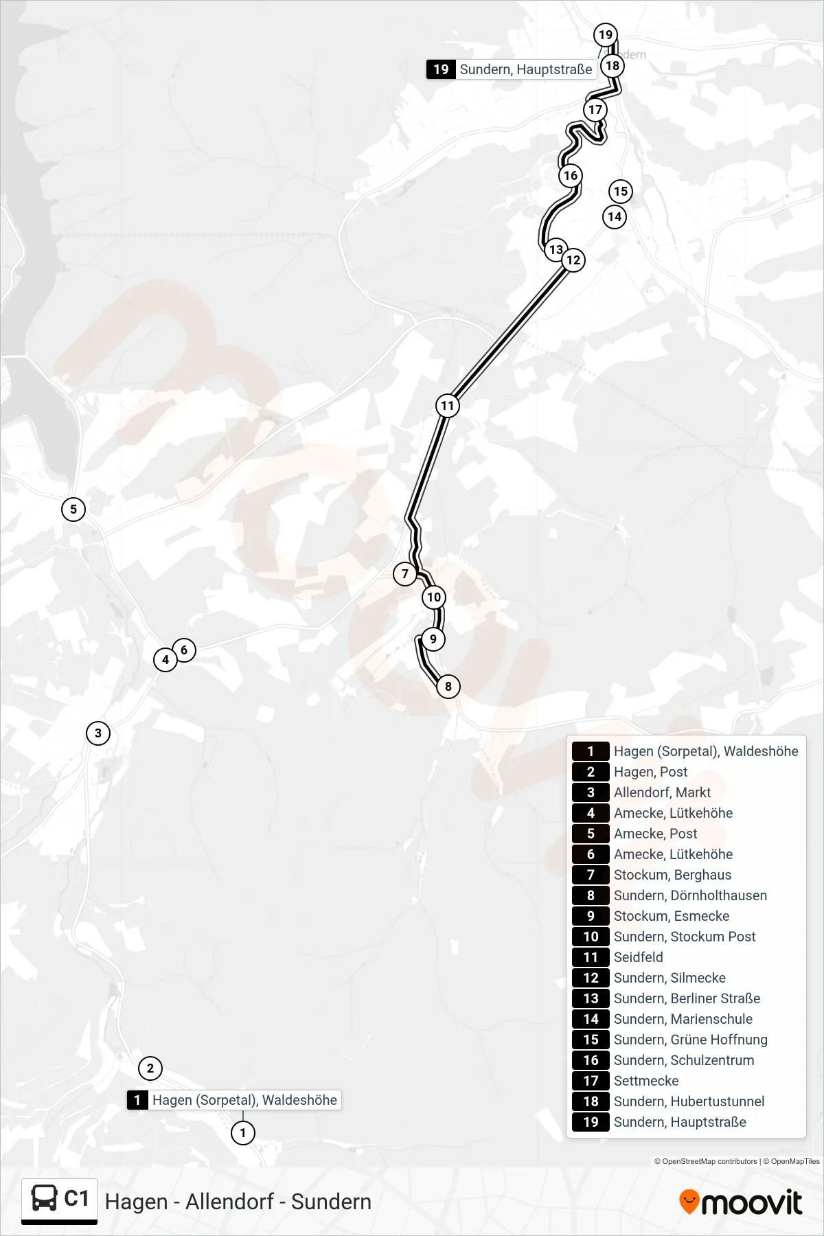 C1 bus Line (Sundern, Hauptstraße) route and stops on a map
