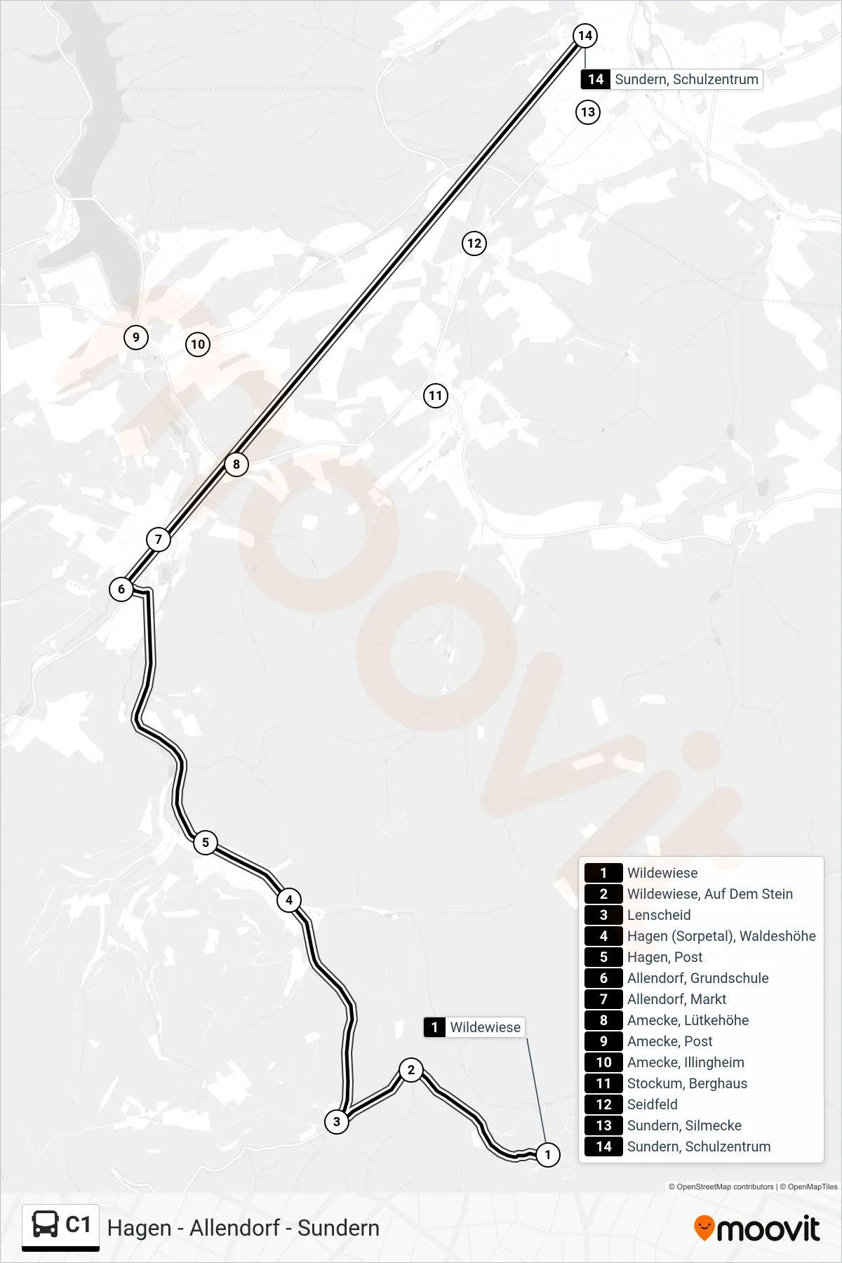 C1 bus Line (Sundern, Schulzentrum) route and stops on a map