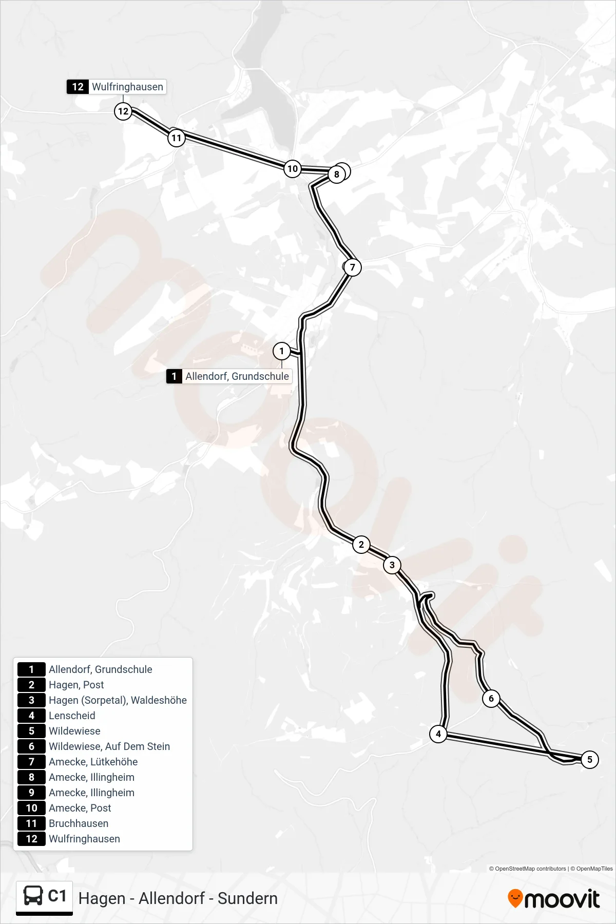 Linie C1 (Bus) Richtung Wulfringhausen: Route und Haltestellen auf der Karte