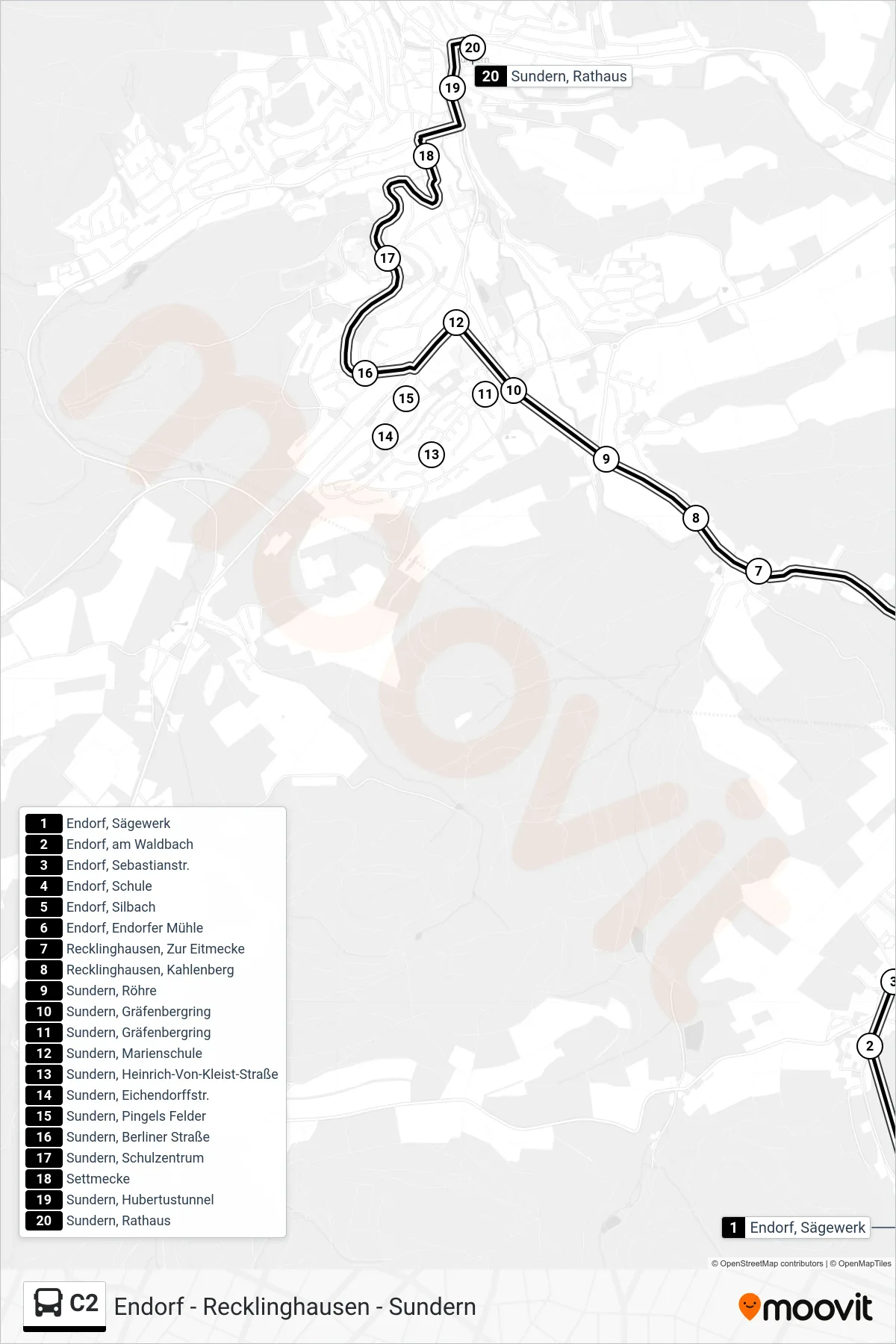 Linie C2 (Bus) Richtung Sundern, Rathaus: Route und Haltestellen auf der Karte