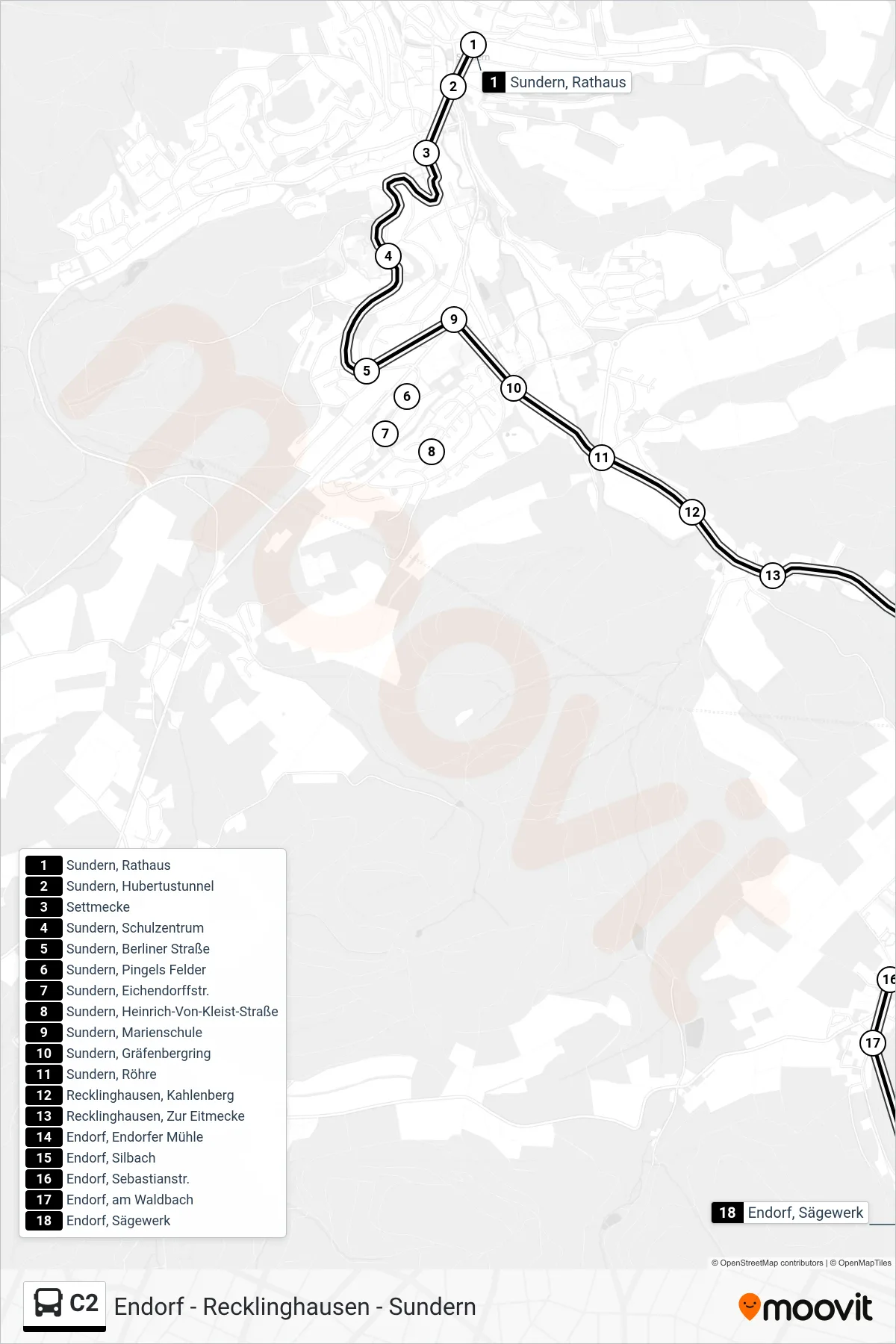 C2 bus Line (Endorf, Sägewerk) route and stops on a map
