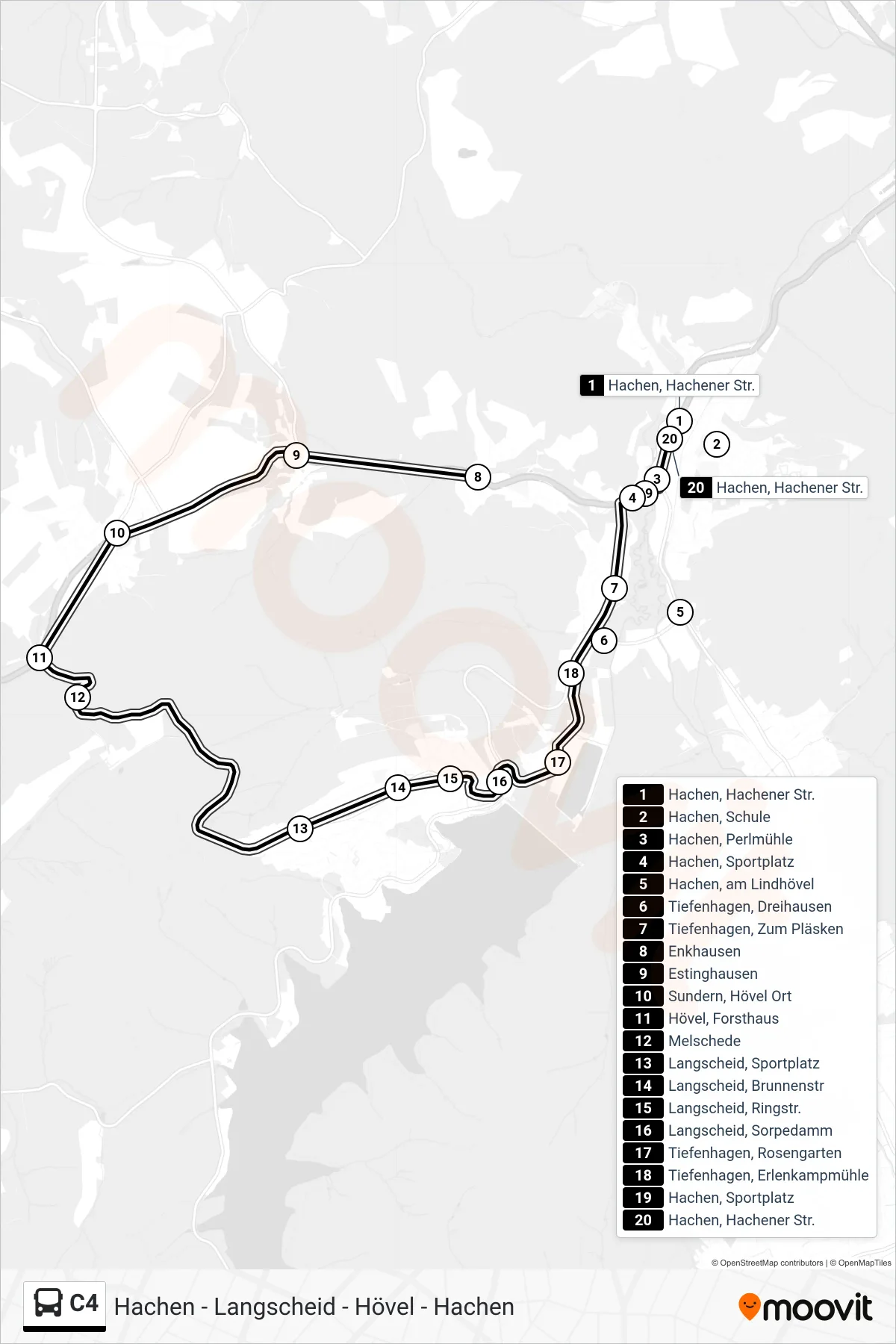 C4 bus Line (Hachen, Hachener Str.) route and stops on a map