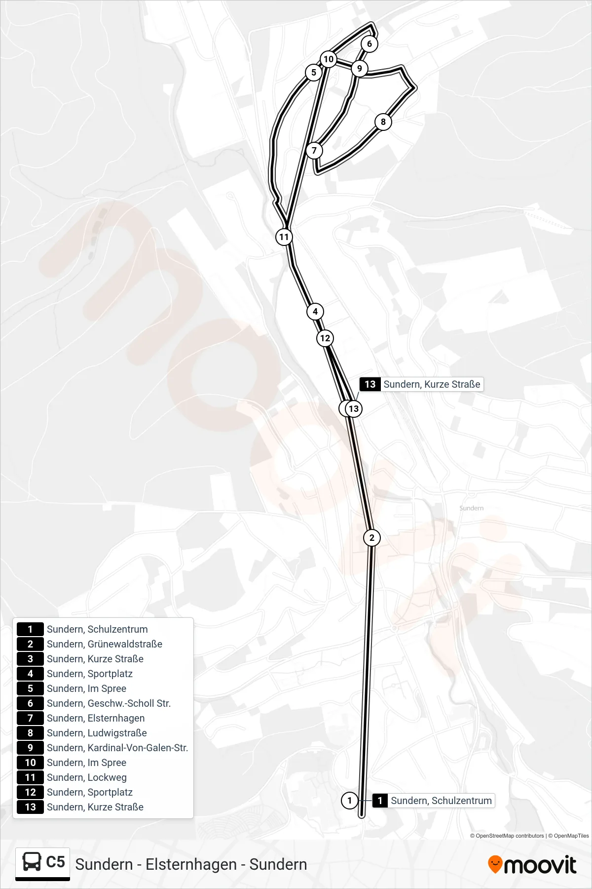 Linie C5 (Bus) Richtung Sundern, Kurze Straße: Route und Haltestellen auf der Karte