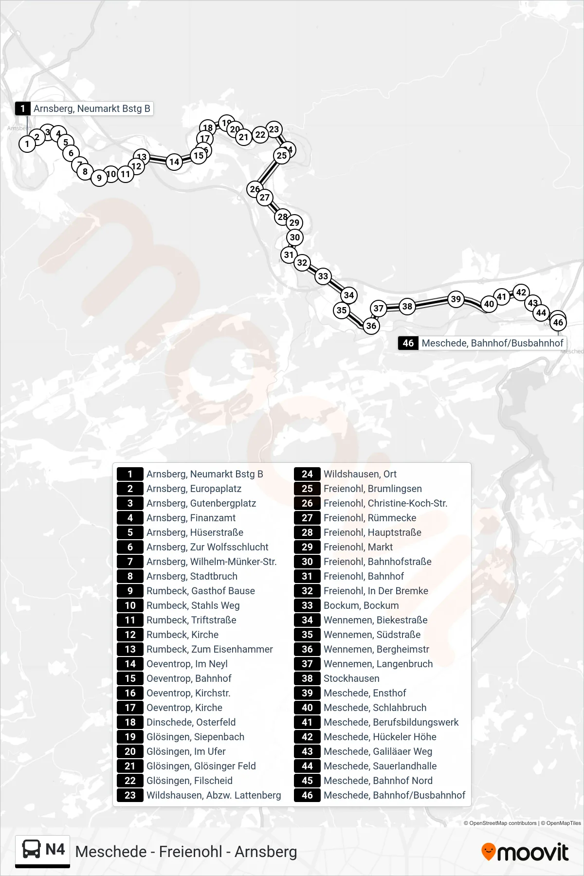 N4 bus Line (Meschede, Bahnhof/Busbahnhof 1) route and stops on a map