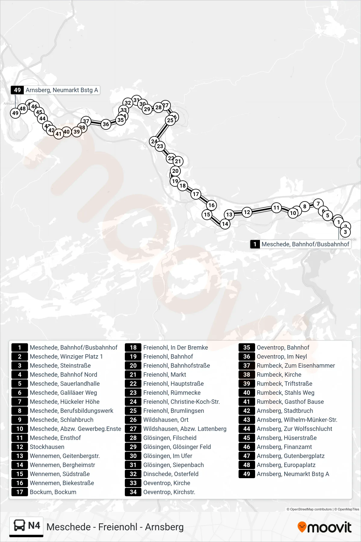 Linie N4 (Bus) Richtung Arnsberg, Neumarkt Bstg A: Route und Haltestellen auf der Karte