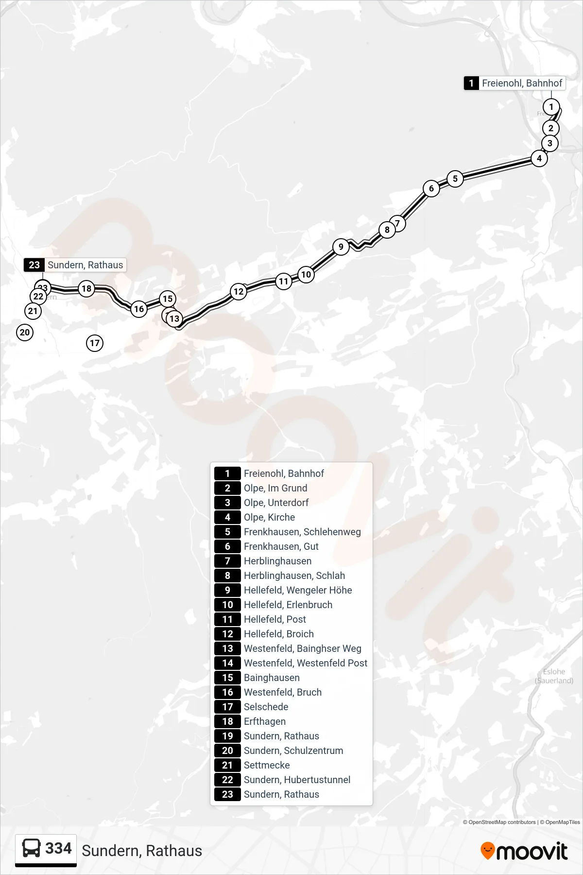 Linie 334 (Bus) Richtung Sundern, Rathaus: Route und Haltestellen auf der Karte