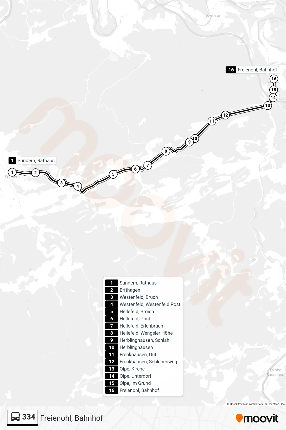Linie 334 (Bus) Richtung Freienohl, Bahnhof: Route und Haltestellen auf der Karte