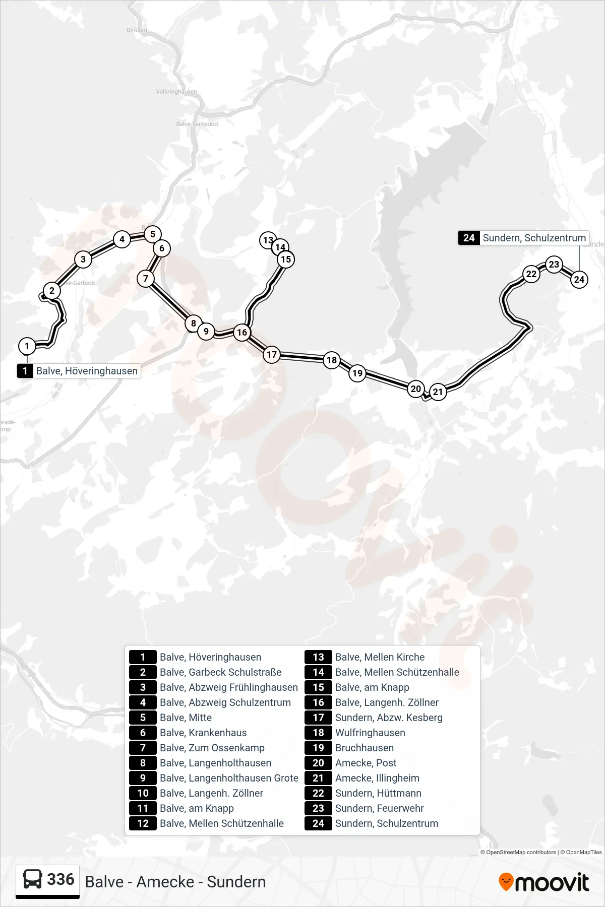 Linie 336 (Bus) Richtung Sundern, Schulzentrum: Route und Haltestellen auf der Karte