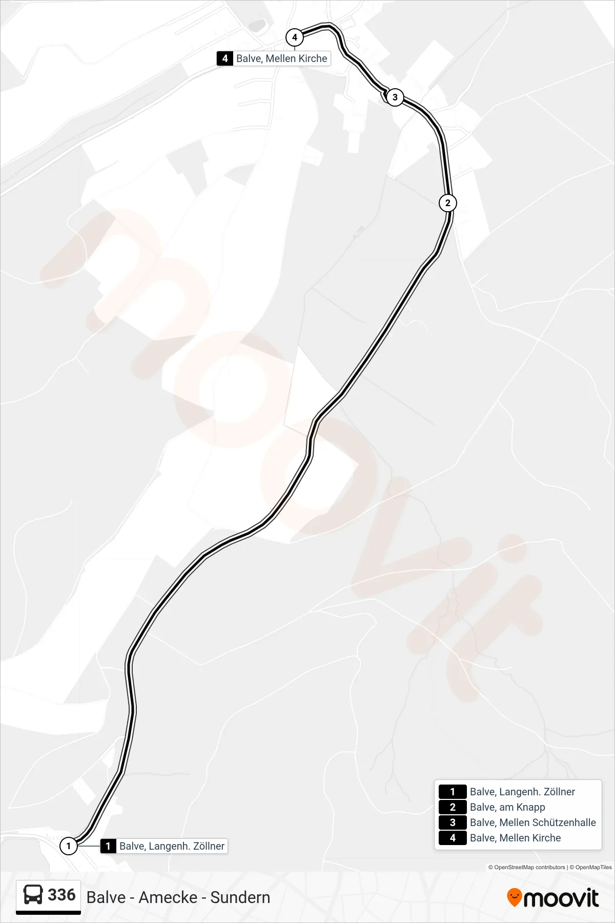 336 bus Line (Balve, Mellen Kirche) route and stops on a map