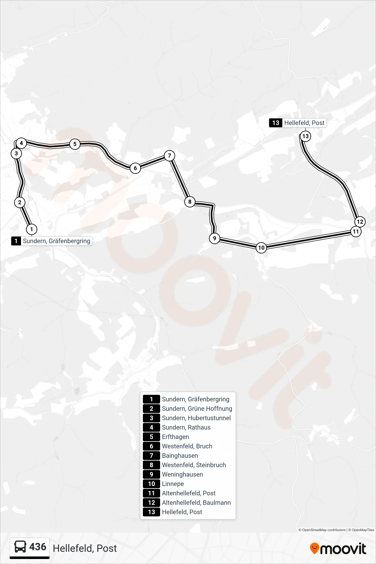 436 bus Line (Hellefeld, Post) route and stops on a map