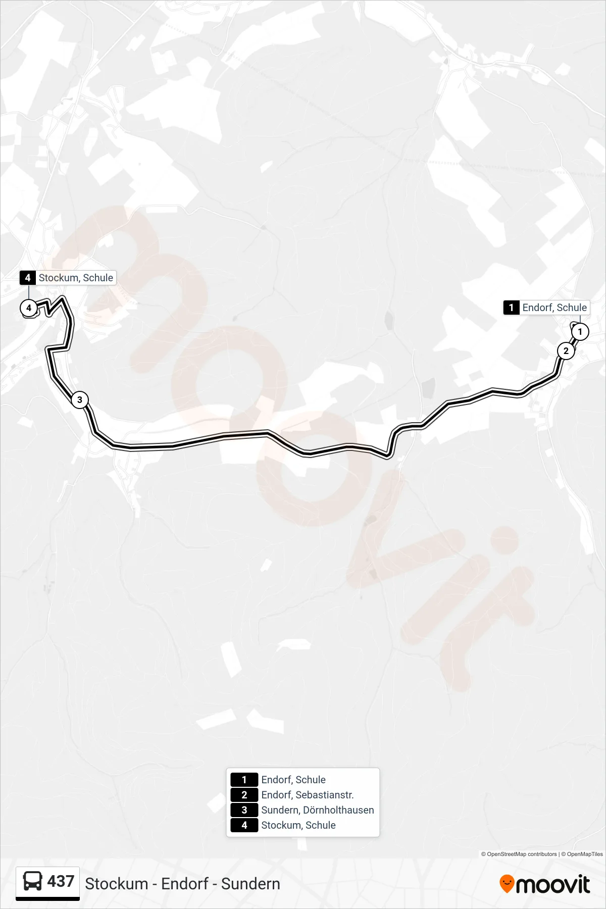 437 bus Line (Stockum, Schule) route and stops on a map
