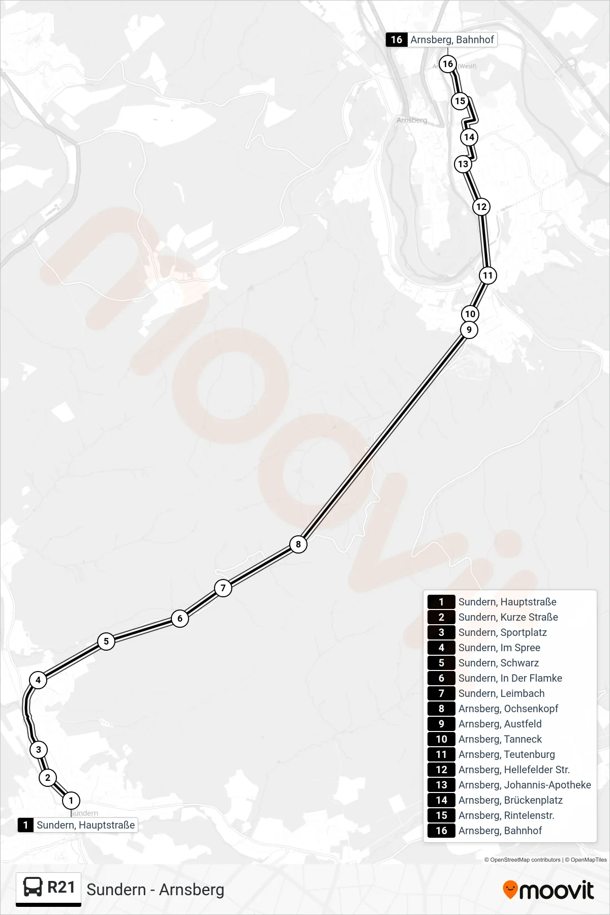 R21 bus Line (Arnsberg, Bahnhof) route and stops on a map