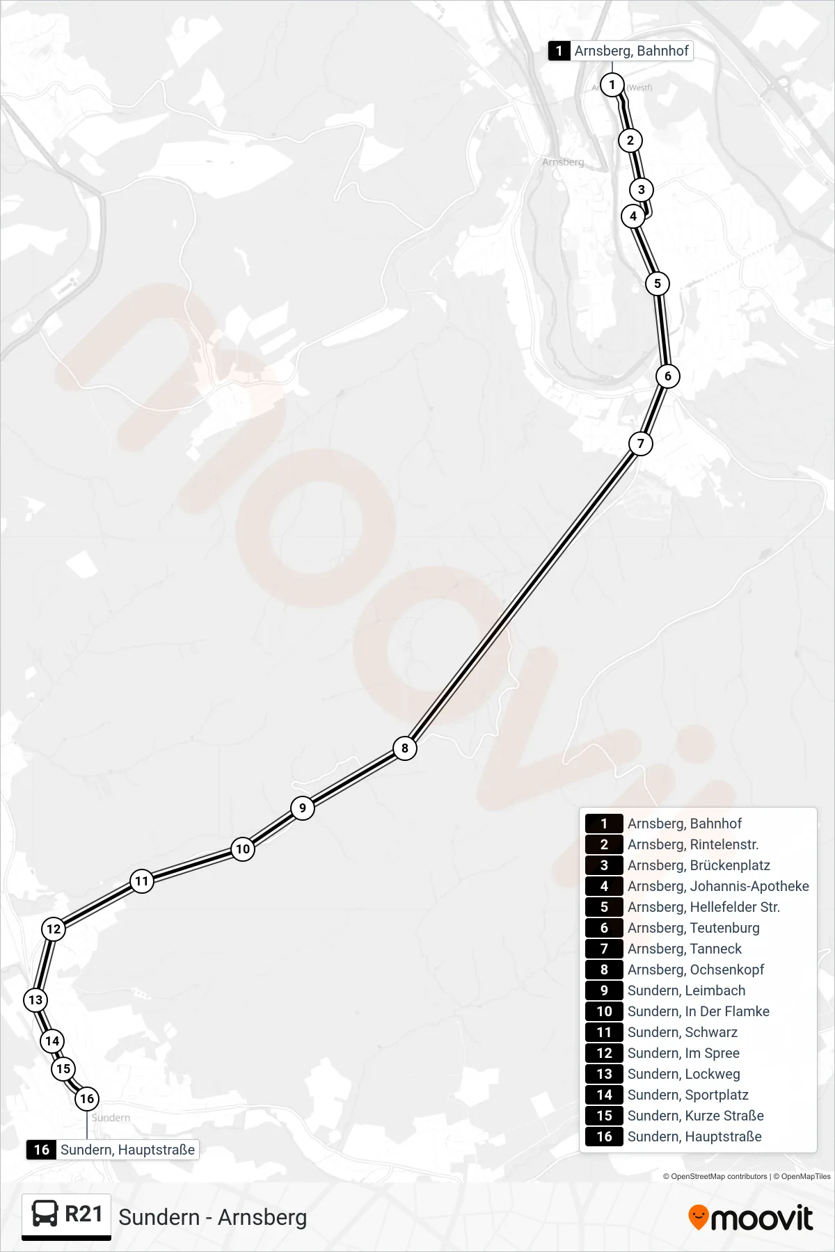 R21 bus Line (Sundern, Hauptstraße) route and stops on a map