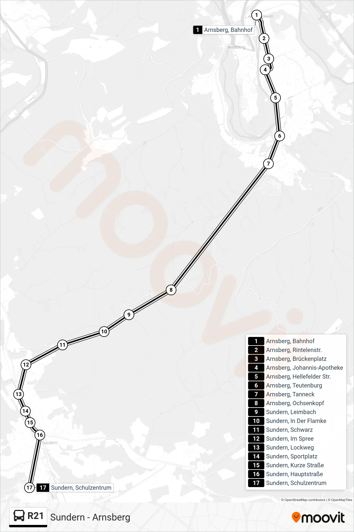 Linie R21 (Bus) Richtung Sundern, Schulzentrum: Route und Haltestellen auf der Karte