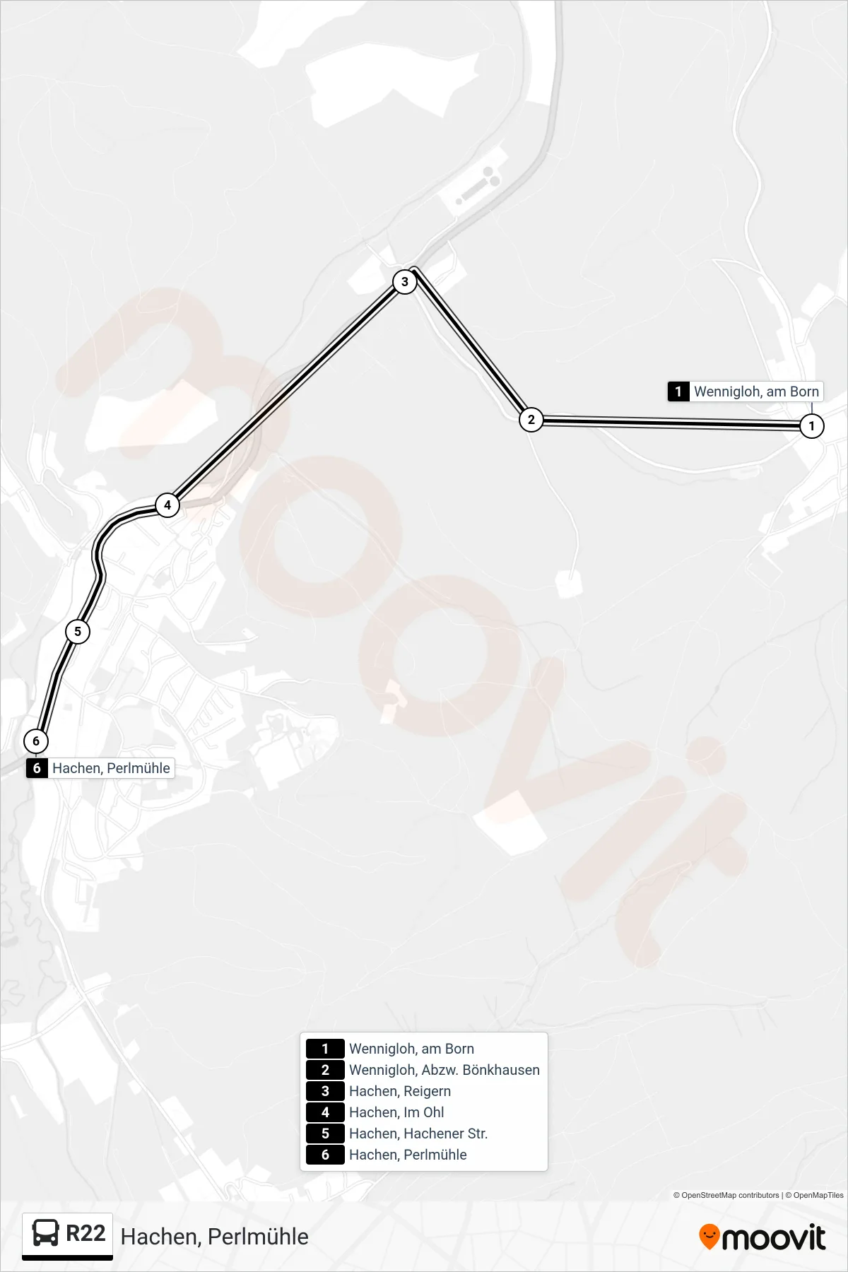 R22 bus Line (Hachen, Perlmühle) route and stops on a map