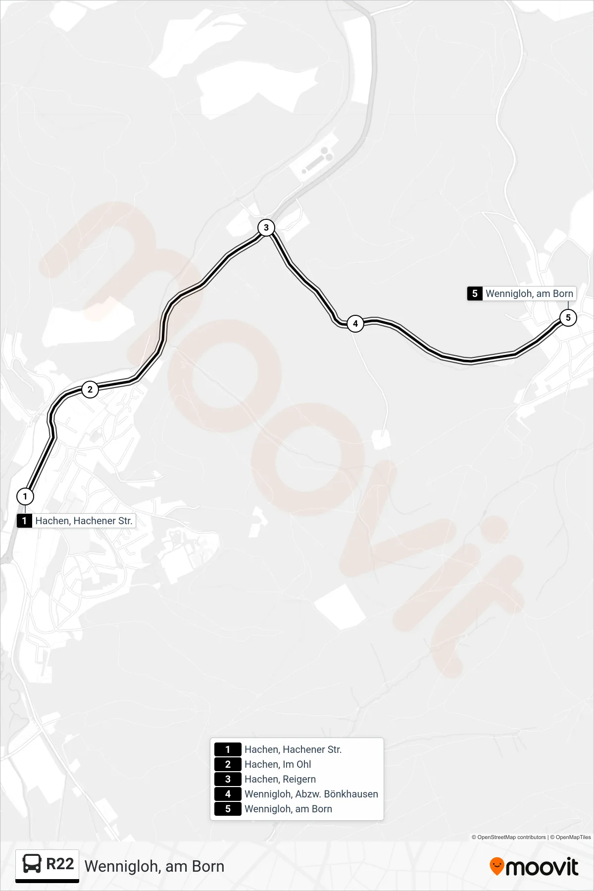 R22 bus Line (Wennigloh, am Born) route and stops on a map