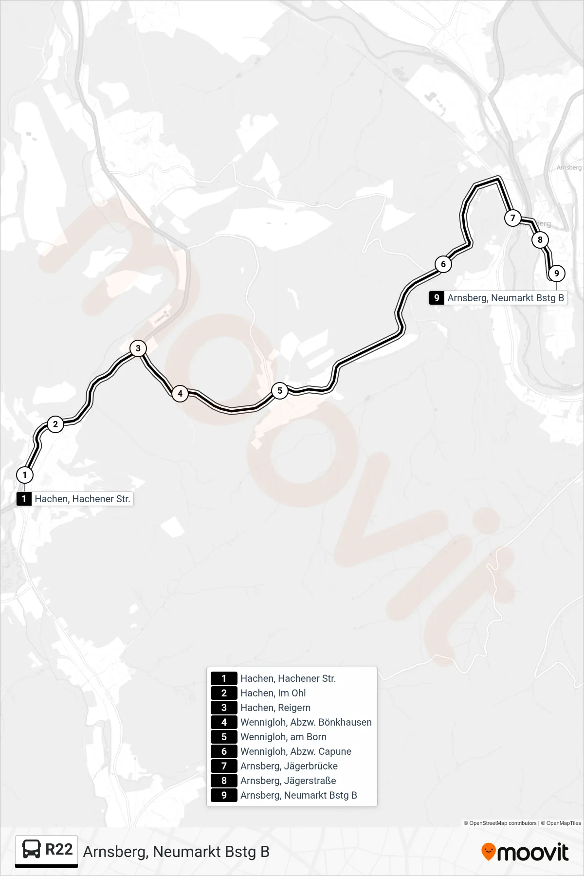 R22 bus Line (Arnsberg, Neumarkt Bstg B) route and stops on a map