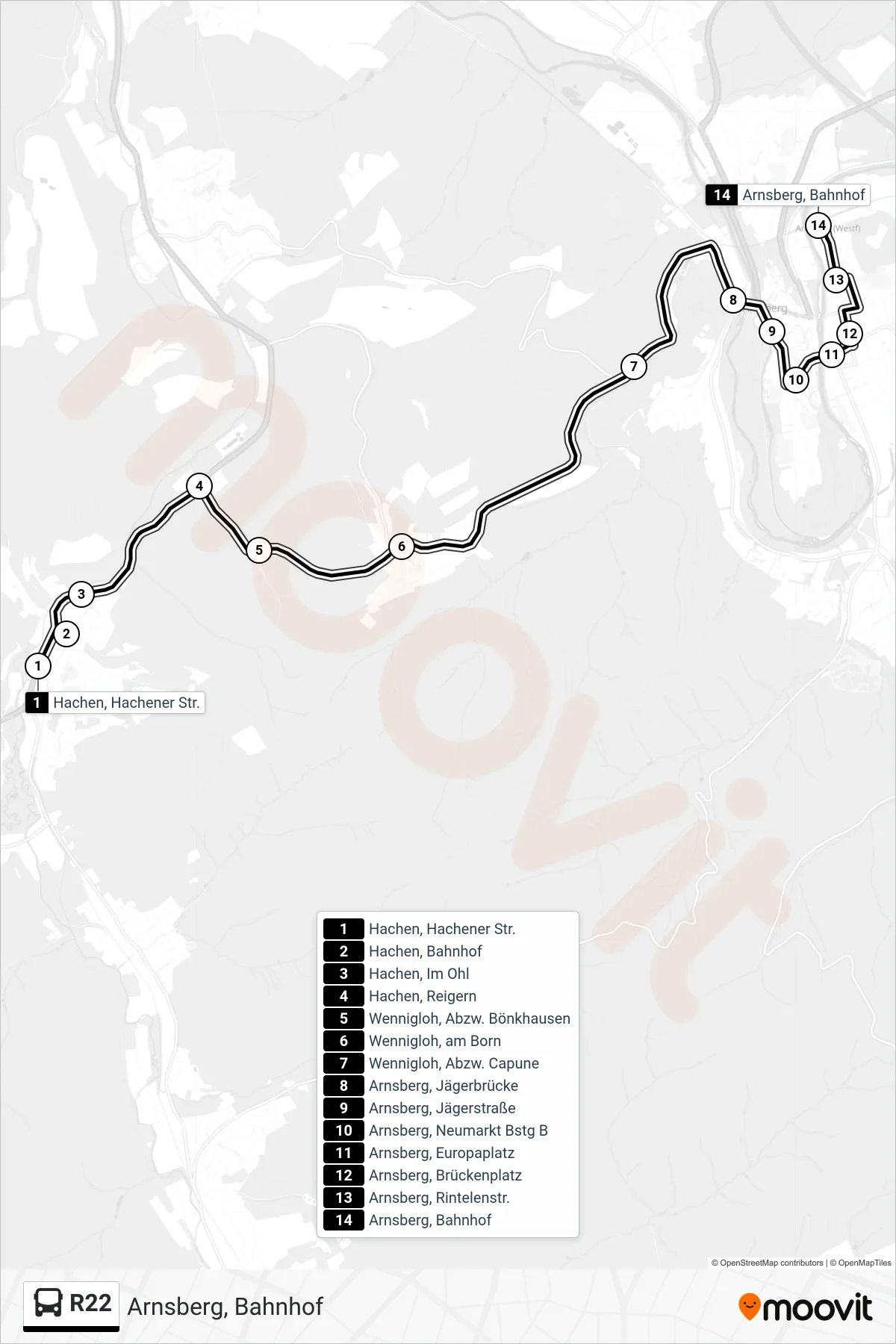 R22 bus Line (Arnsberg, Bahnhof) route and stops on a map