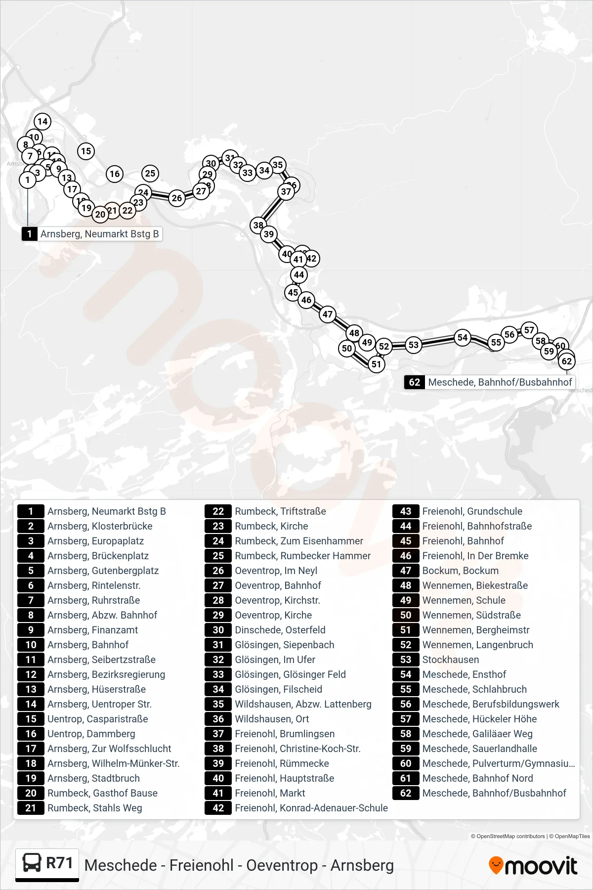 R71 bus Line (Meschede, Bahnhof/Busbahnhof 5) route and stops on a map