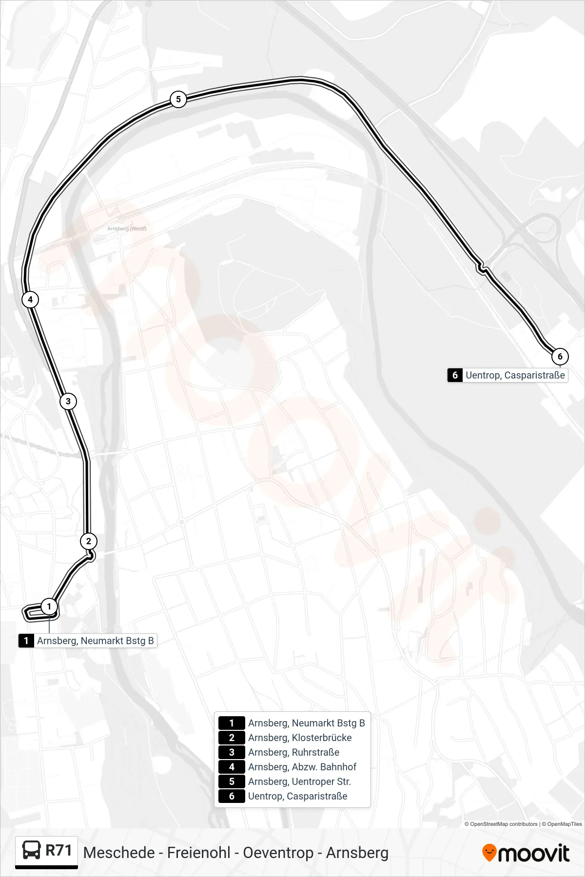 R71 bus Line (Uentrop, Casparistraße) route and stops on a map