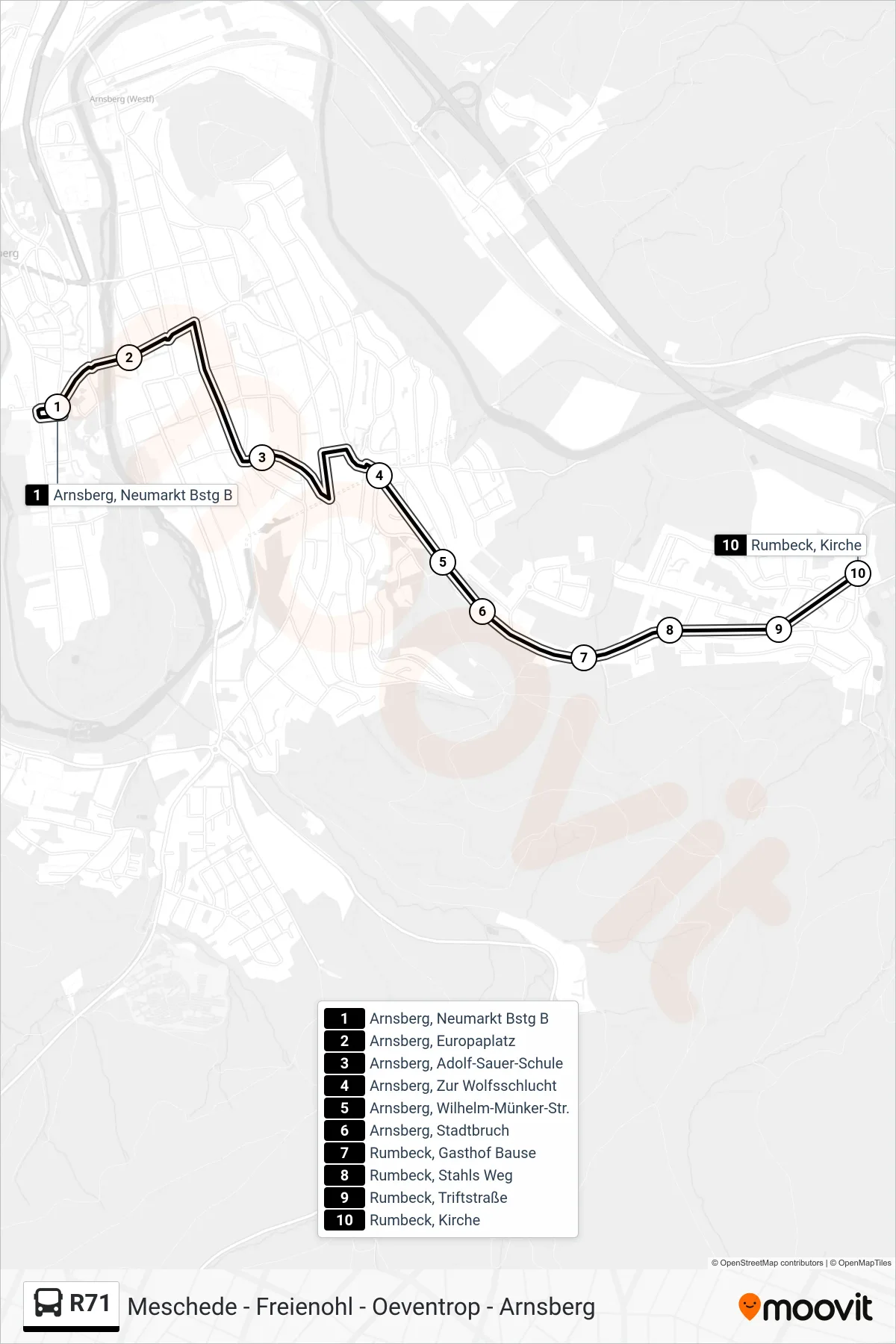 R71 bus Line (Rumbeck, Kirche) route and stops on a map