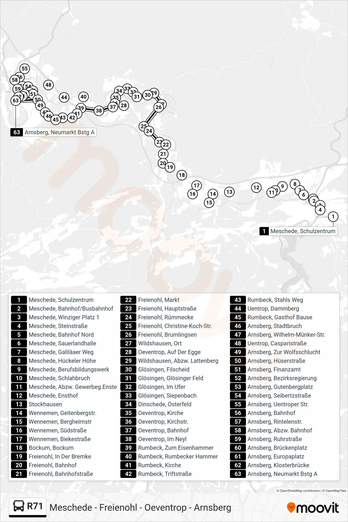 R71 bus Line (Arnsberg, Neumarkt Bstg A) route and stops on a map
