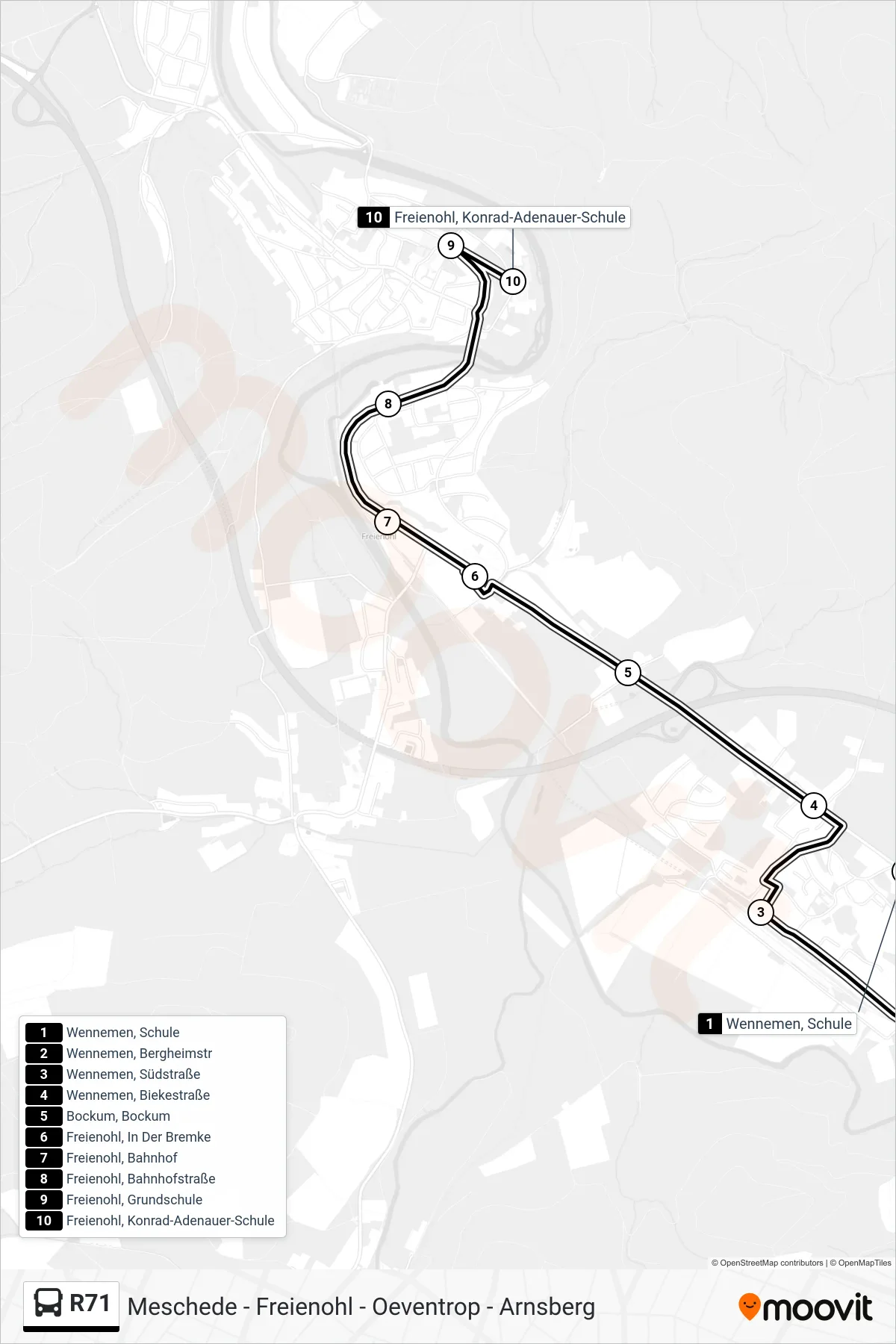 R71 bus Line (Freienohl, Konrad-Adenauer-Schule) route and stops on a map