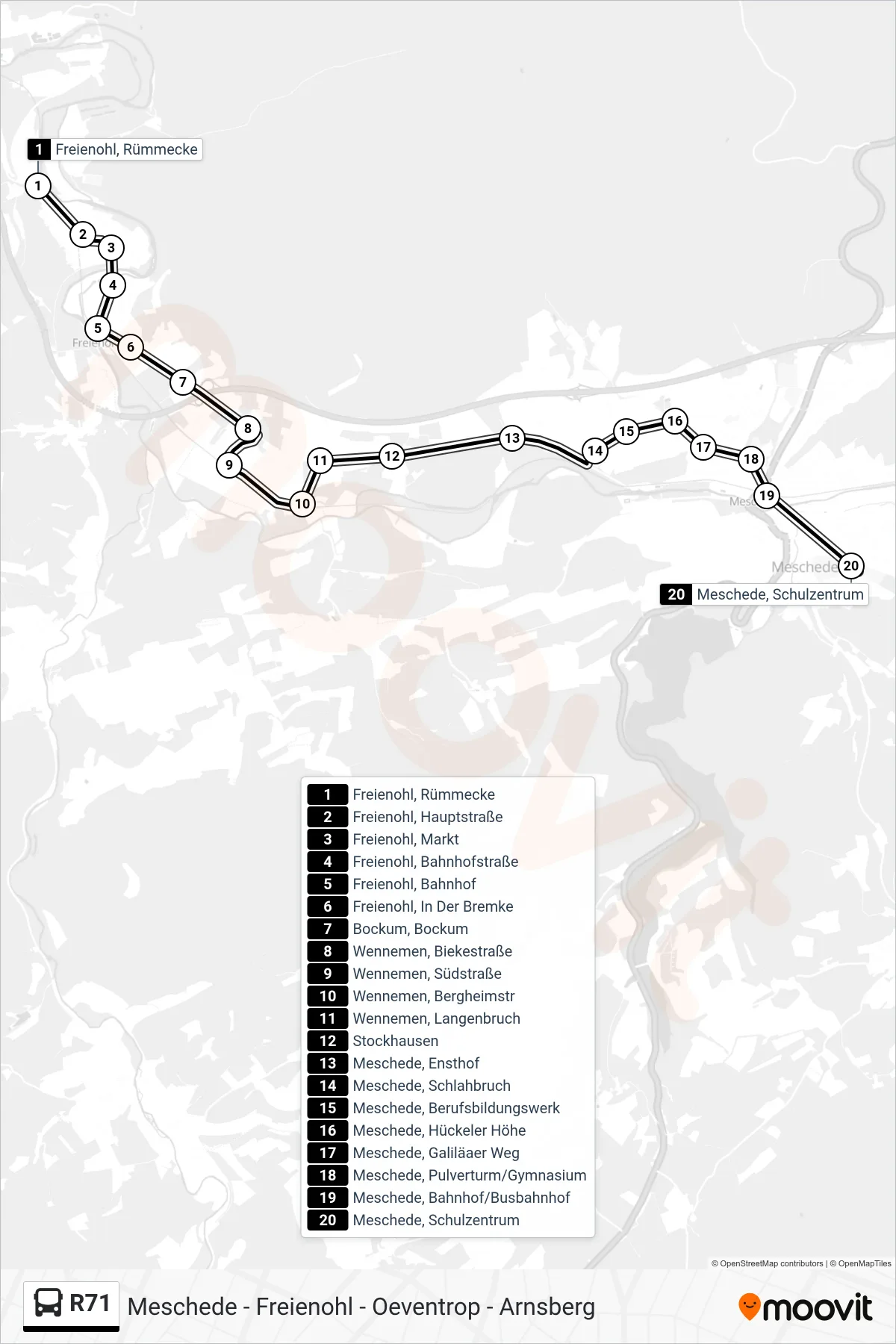 R71 bus Line (Meschede, Schulzentrum) route and stops on a map