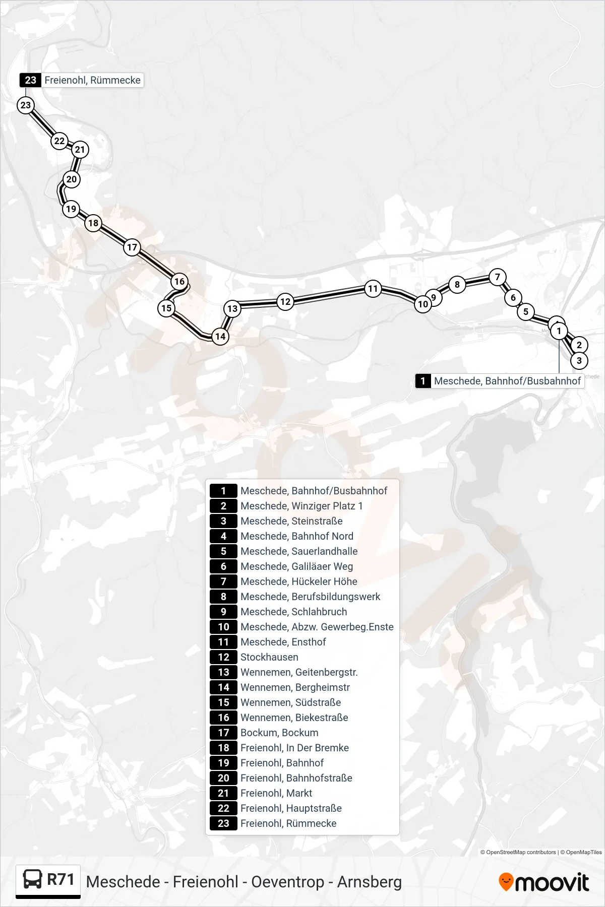 R71 bus Line (Freienohl, Rümmecke) route and stops on a map