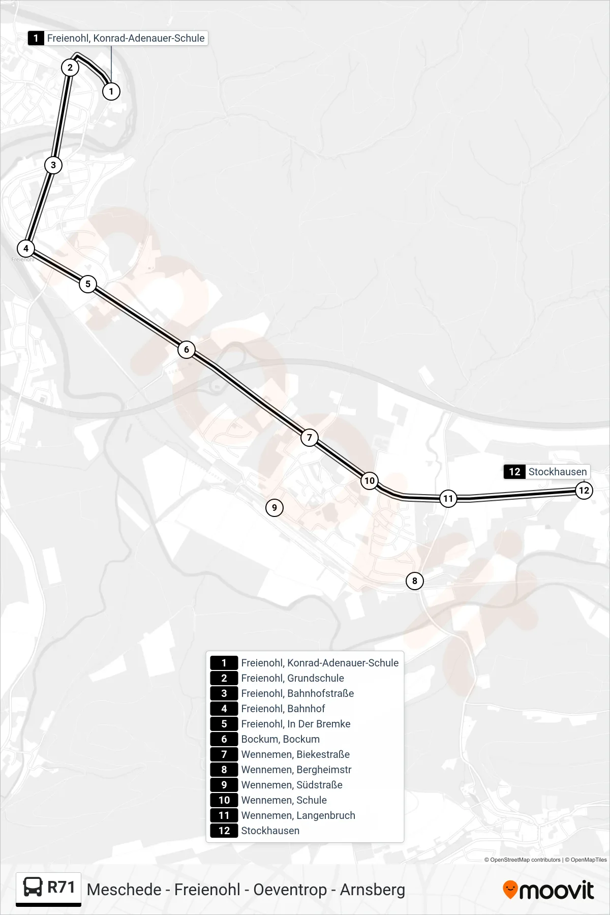 R71 bus Line (Stockhausen) route and stops on a map