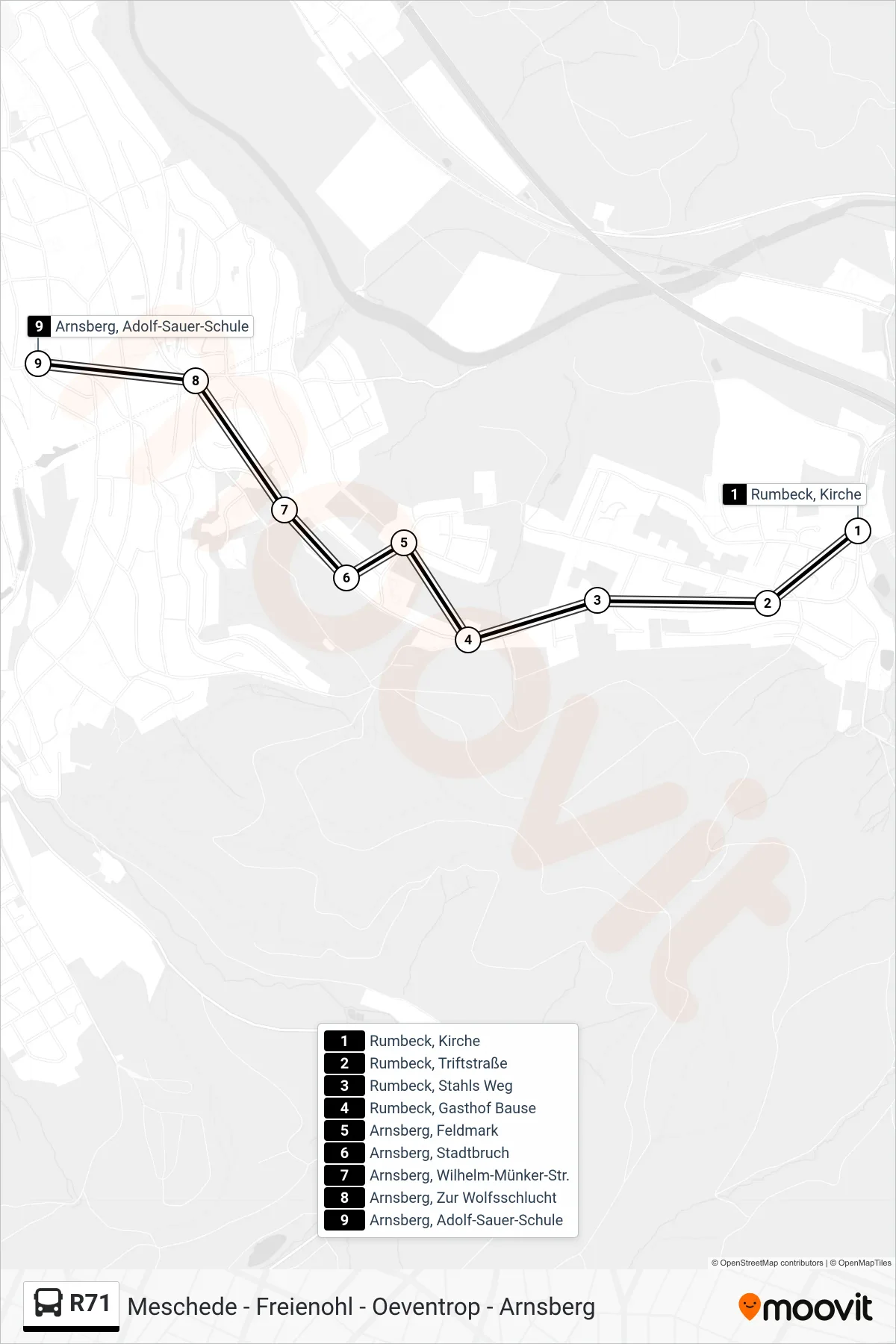 R71 bus Line (Arnsberg, Adolf-Sauer-Schule) route and stops on a map