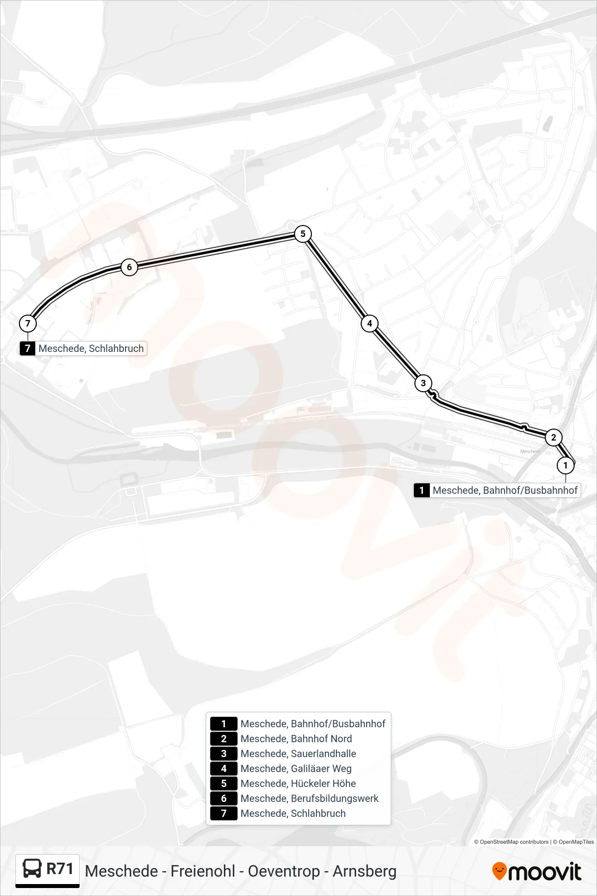 R71 bus Line (Meschede, Schlahbruch) route and stops on a map