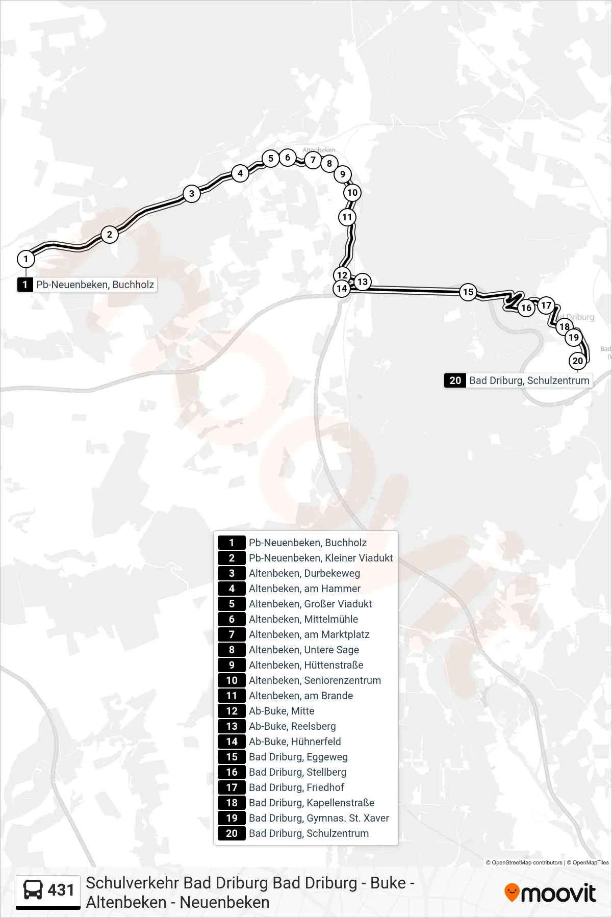 Linie 431 (Bus) Richtung Bad Driburg, Schulzentrum: Route und Haltestellen auf der Karte