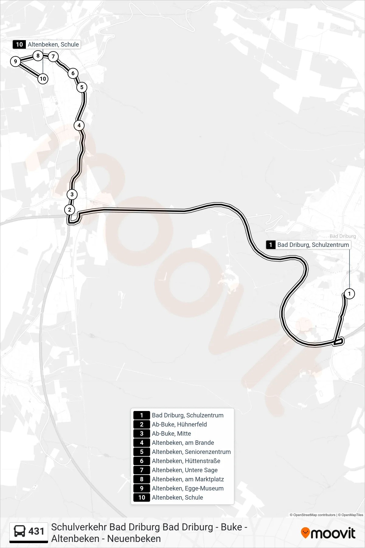 431 bus Line (Altenbeken, Schule) route and stops on a map
