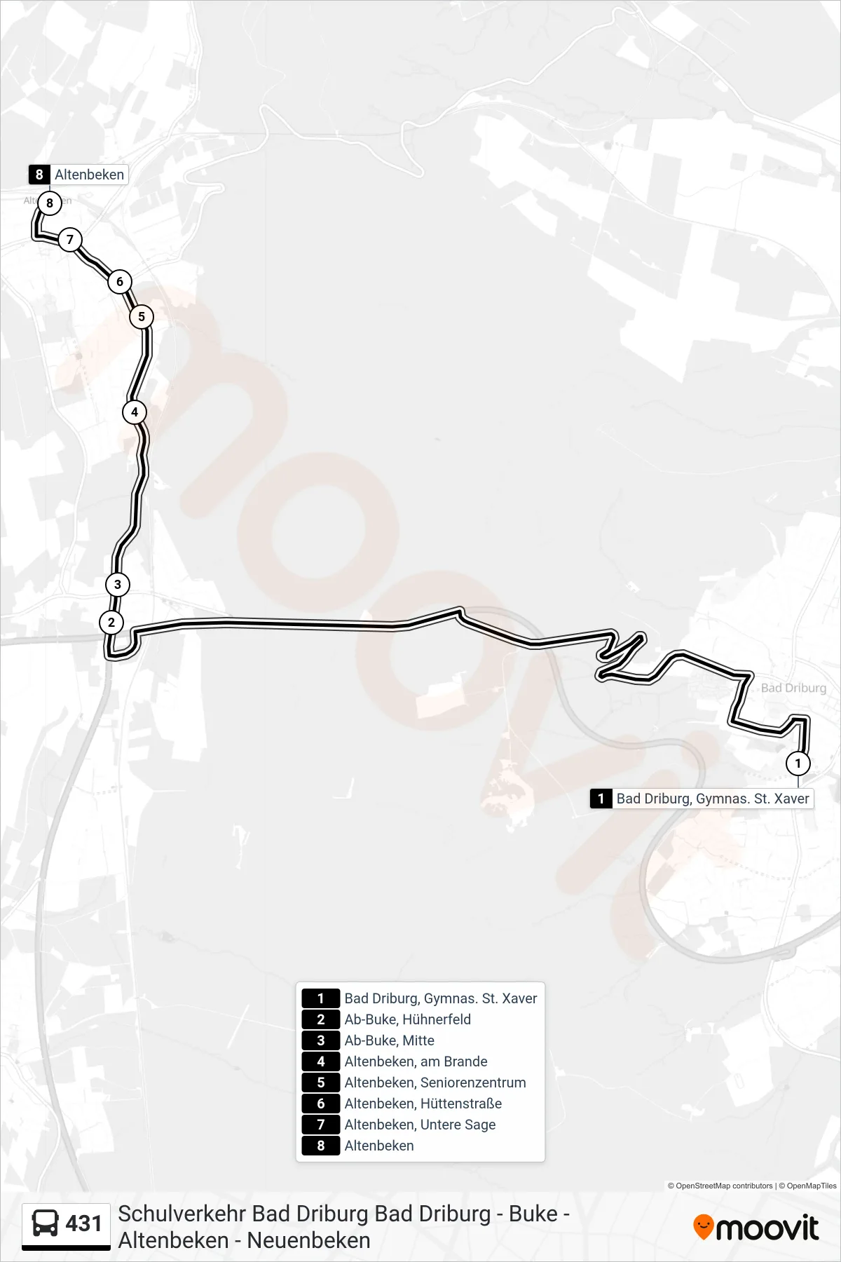 431 bus Line (Altenbeken) route and stops on a map
